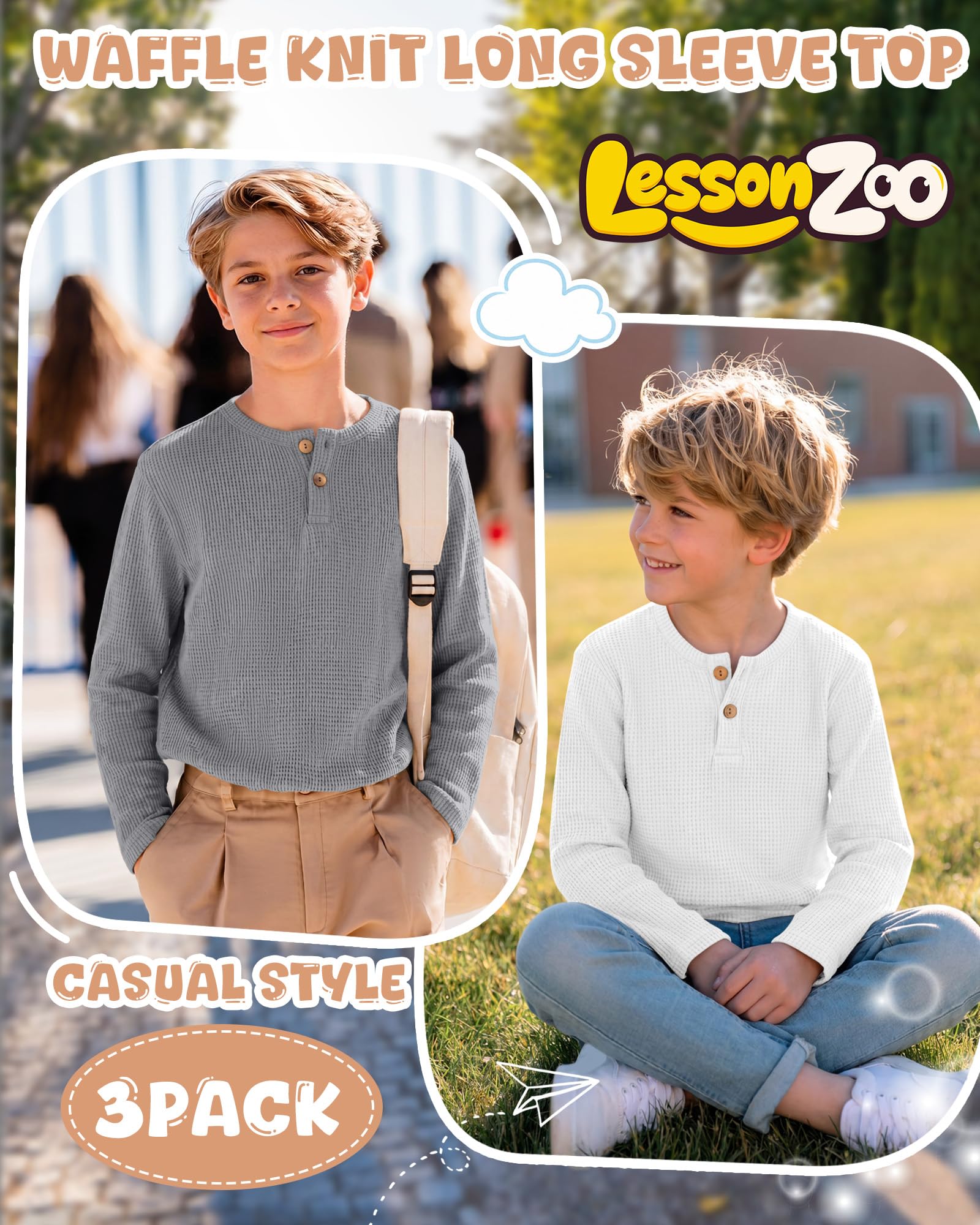 Clabby Pack de 3 Camisetas Henley de Manga Larga para niño Estilo gofre, térmicas de Punto de algodón Ideales para el Colegio