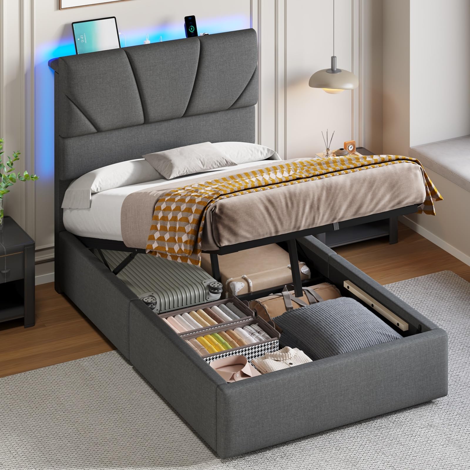 DICTAC 3ft Single Ottoman Bed with LED Lights – 500L+ Storage, Hydraulic Lift-Up Frame, 52cm Dual‑Zone Upholstered Headboard with Charging Station, Adjustable Height, Grey