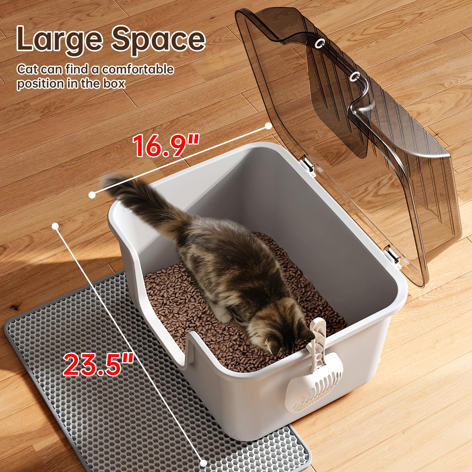 Oneluck Caja de arena grande para gatos con cubierta, alfombrilla y cuchara, caja de arena cerrada para gatitos con tapa y solapa de puerta delantera para portabilidad y privacidad, gris
