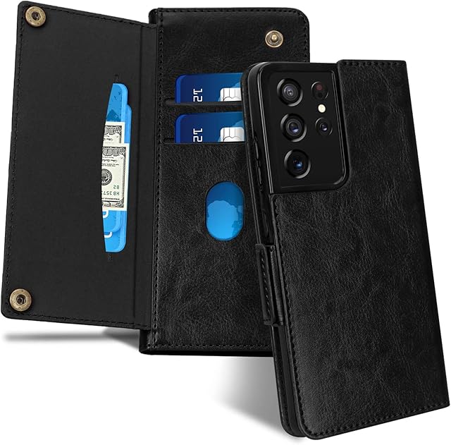 Fyy Samsung Galaxy S21 Ultra Case, Luxury Flip Leather Wallet Phone Case Shockproof Protective Cover with [Card Holder] for Samsung Galaxy S21 Ultra/S21 Ultra 5G 6.8" 2021 Black