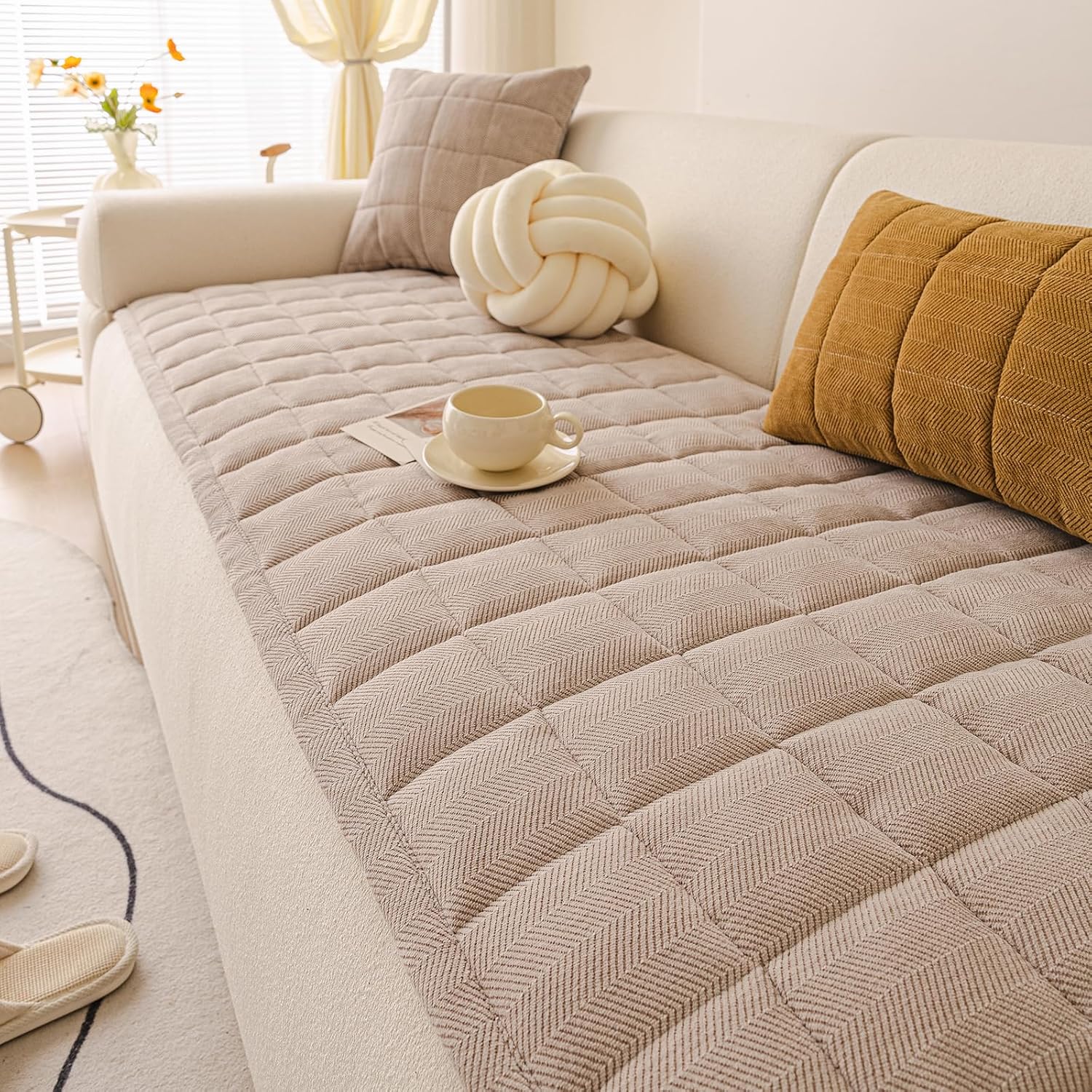 vctops Soft Chenille Couch Cover for 3 Cushion Couch Herringbone Plaid Quilted Sofa Cover for Dogs Washable Non Slip Sofa Slipcover Furniture Protector Pets Friendly Mat Bed (Khaki,28"x82")