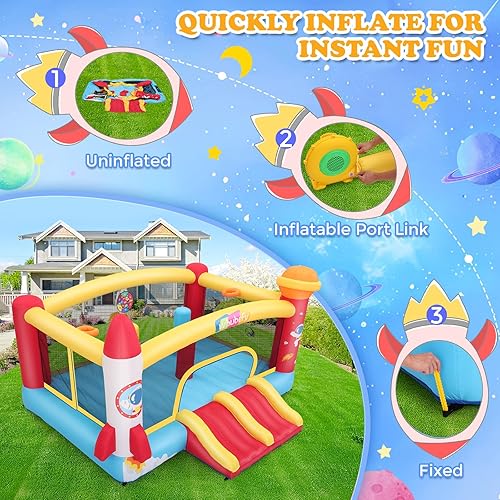 Miniatura 4 de Whubefy Casa inflable de rebote doble tobogán para niños de 3 a 6 años, niños grandes de 8 a 12 años, con temática de cohete espacial, castillo