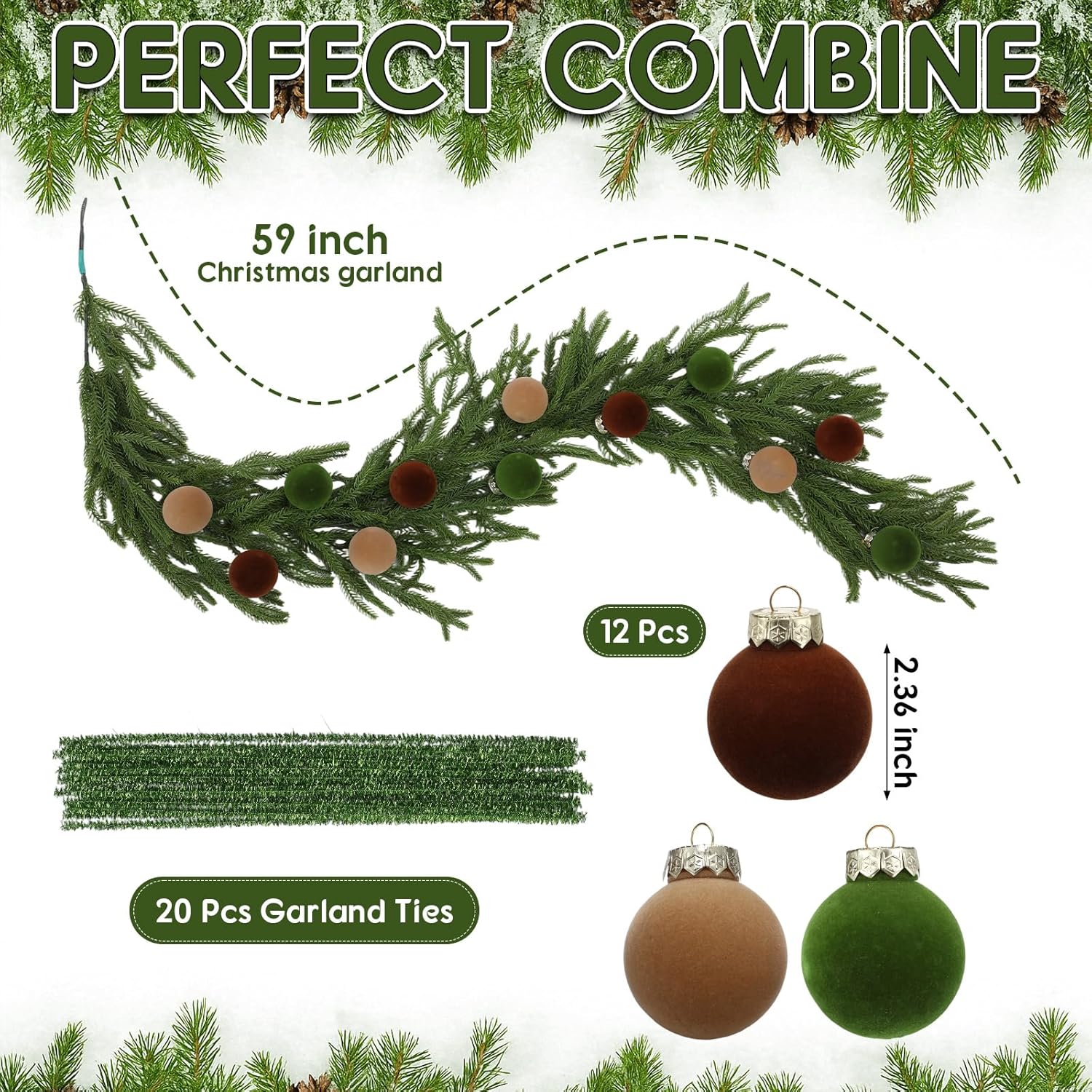 Sosation 5ft Christmas Mirror Garland with 12 Pcs Velvet Ball Artificial Norfolk Pine Cypress Garland for Mirror Christmas Decoration for Xmas Fireplace Mantle Indoor Decor - Image 2
