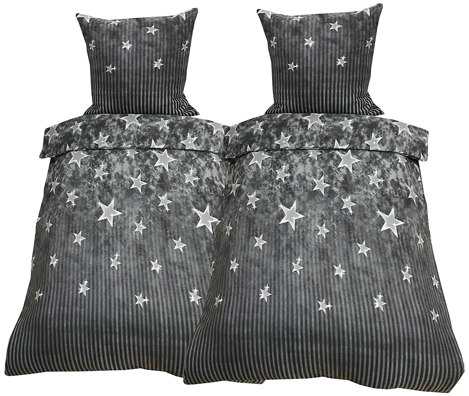 Leonado-Vicenti 4 TLG Winter Fleece Bettwäsche 135x200 Sterne Grau Anthrazit flauschig kuschelig mit Reißverschluss