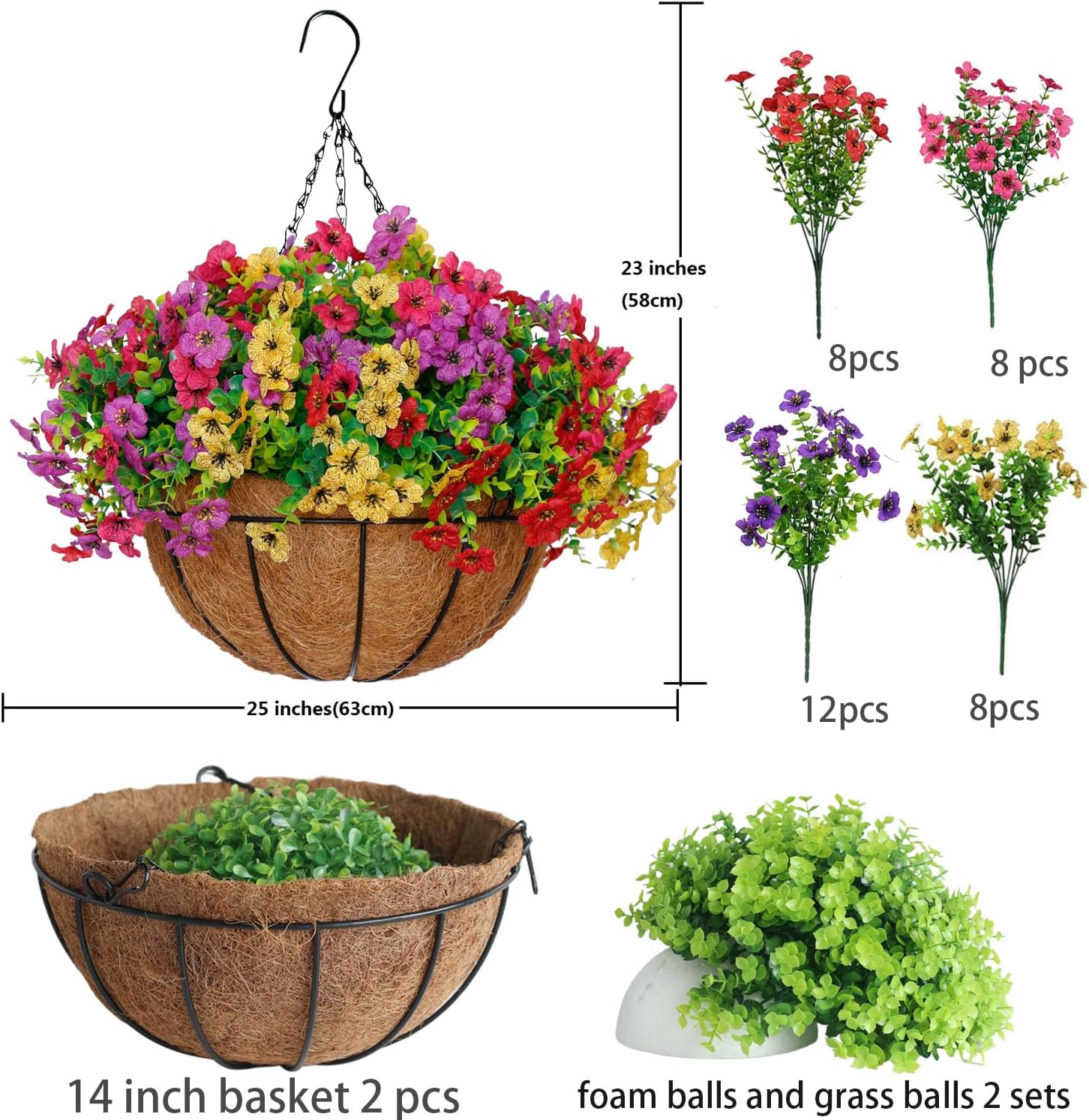 2 Set 14 Inch Large Artificial Fall Hanging Baskets with 36 Pcs Faux Mums Flowers for Outdoor, Lifelike Silk Floral Arrangement for Porch Garden Balcony and Home Patio Yard Fall Decor (Orange Yellow)