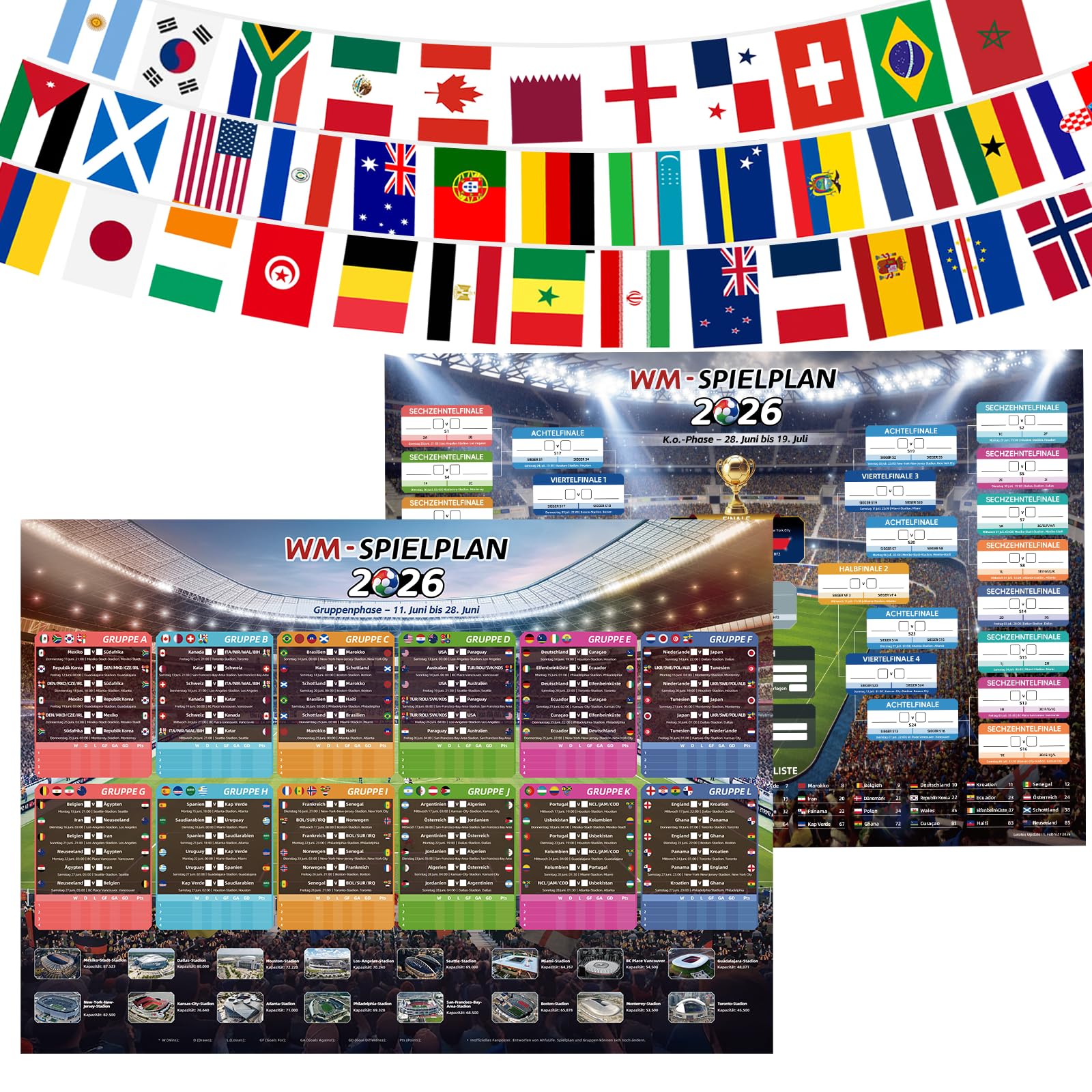 AhfuLife Fußball Spielplan 2026 Poster für WM Fußballfans - Wiederverwendbar Fussball Planer - Enthält 48 Mannschaften Gruppen Knockout und Finale alle Ergebnisse der Spiele (A2 Gefaltet Set)