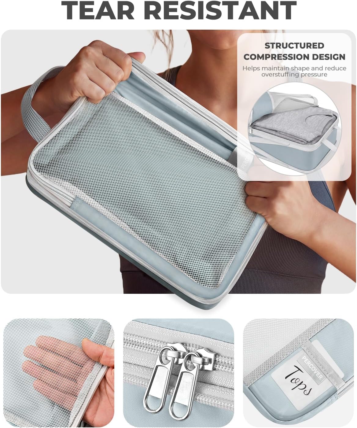 Percover Compression Packing Cubes for Travel, 8-Piece Structured Compression Organizer Set with Laundry Bag & Shoe Bag for Carry-On & Checked Luggage, Slate Blue image 4
