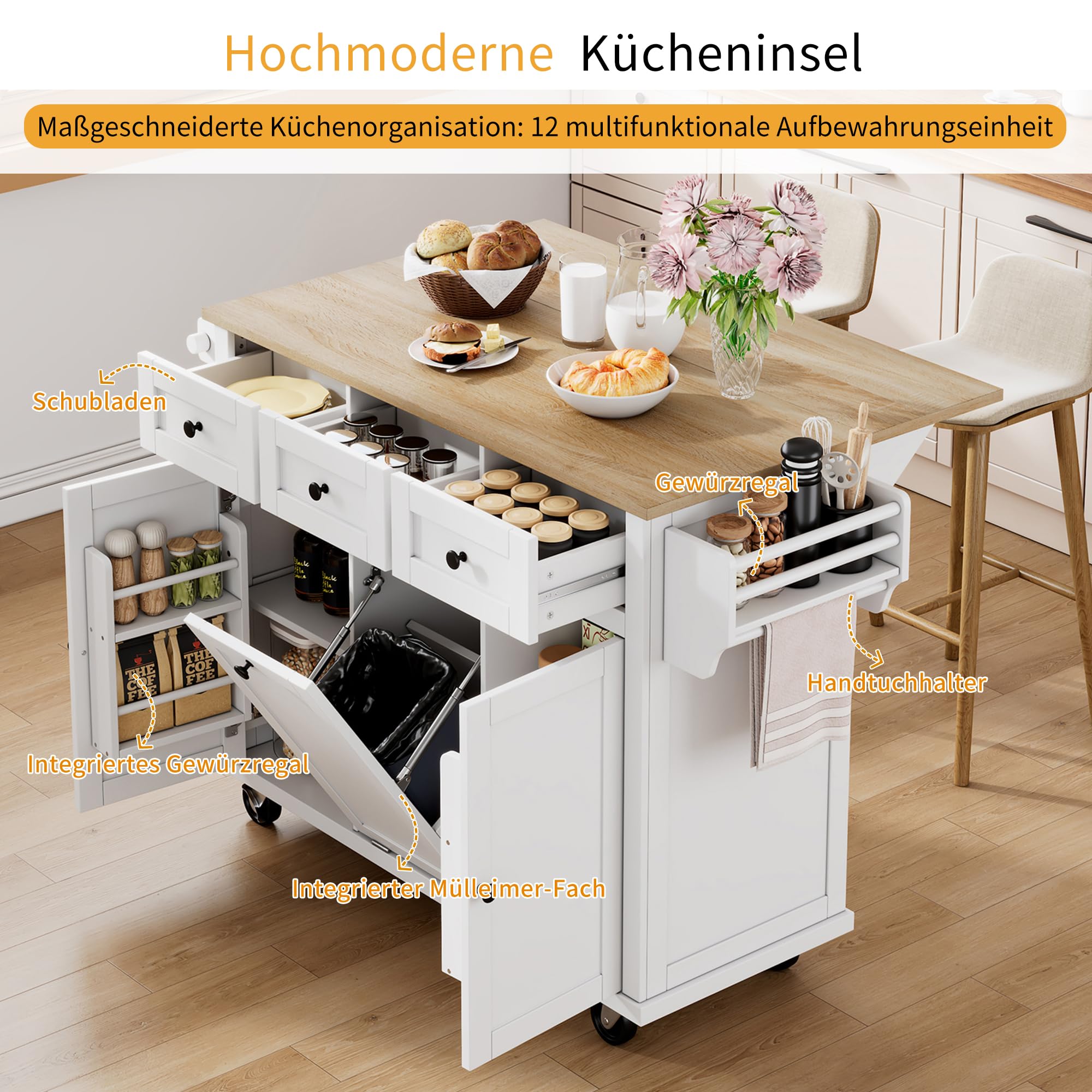 Mobile Kücheninsel mit Rollen & ausziehbarer Arbeitsplatte, Küchenwagen mit Stauraum, Schubladen & Abfallfach, platzsparende Kücheninsel für kleine Küche & Esszimmer (Weiß)