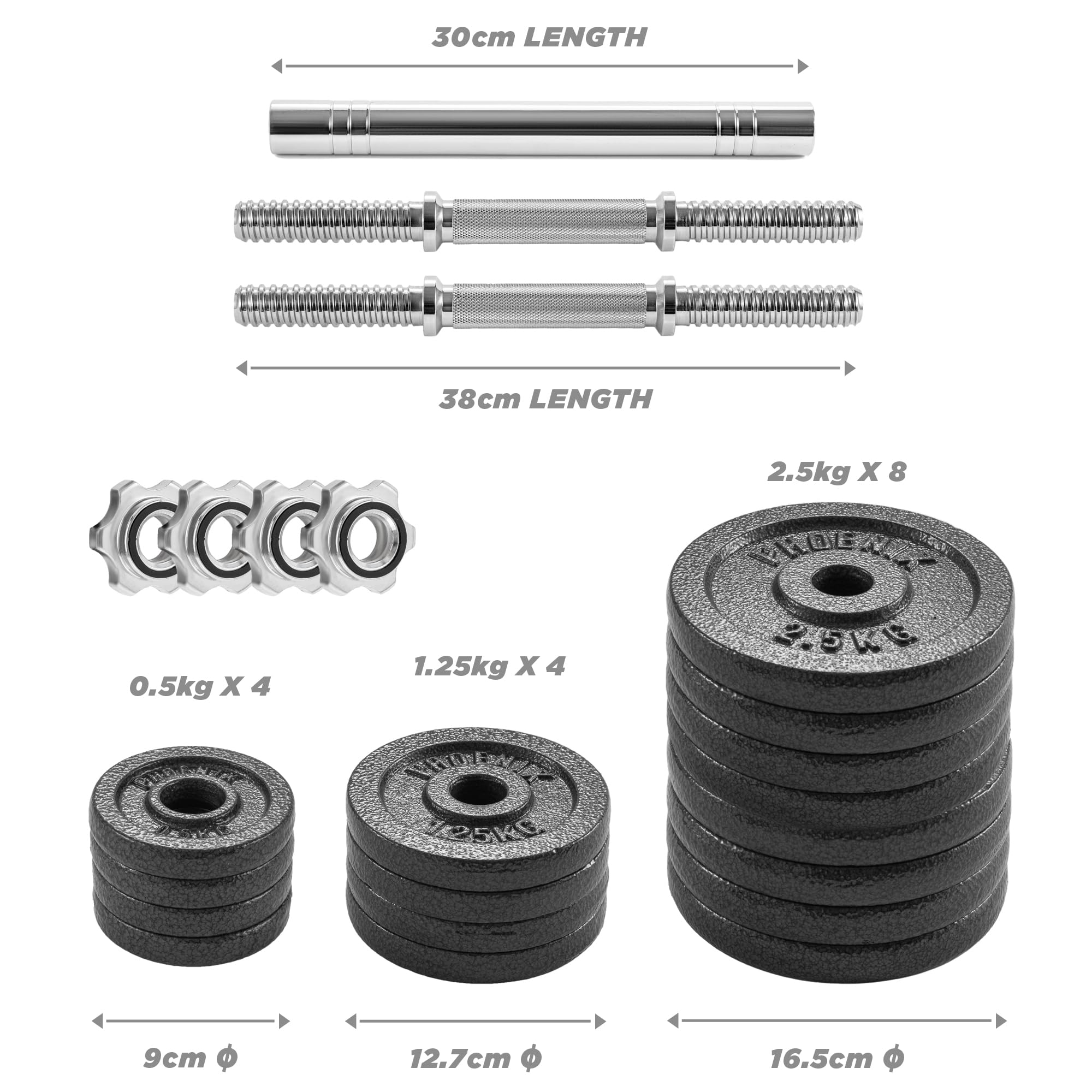 Phoenix Fitness Dumbbells Weight Set - Manubri e bilanciere regolabili 2 in 1 per l'allenamento muscolare e della forza - Peso: fino a 15 kg | IT