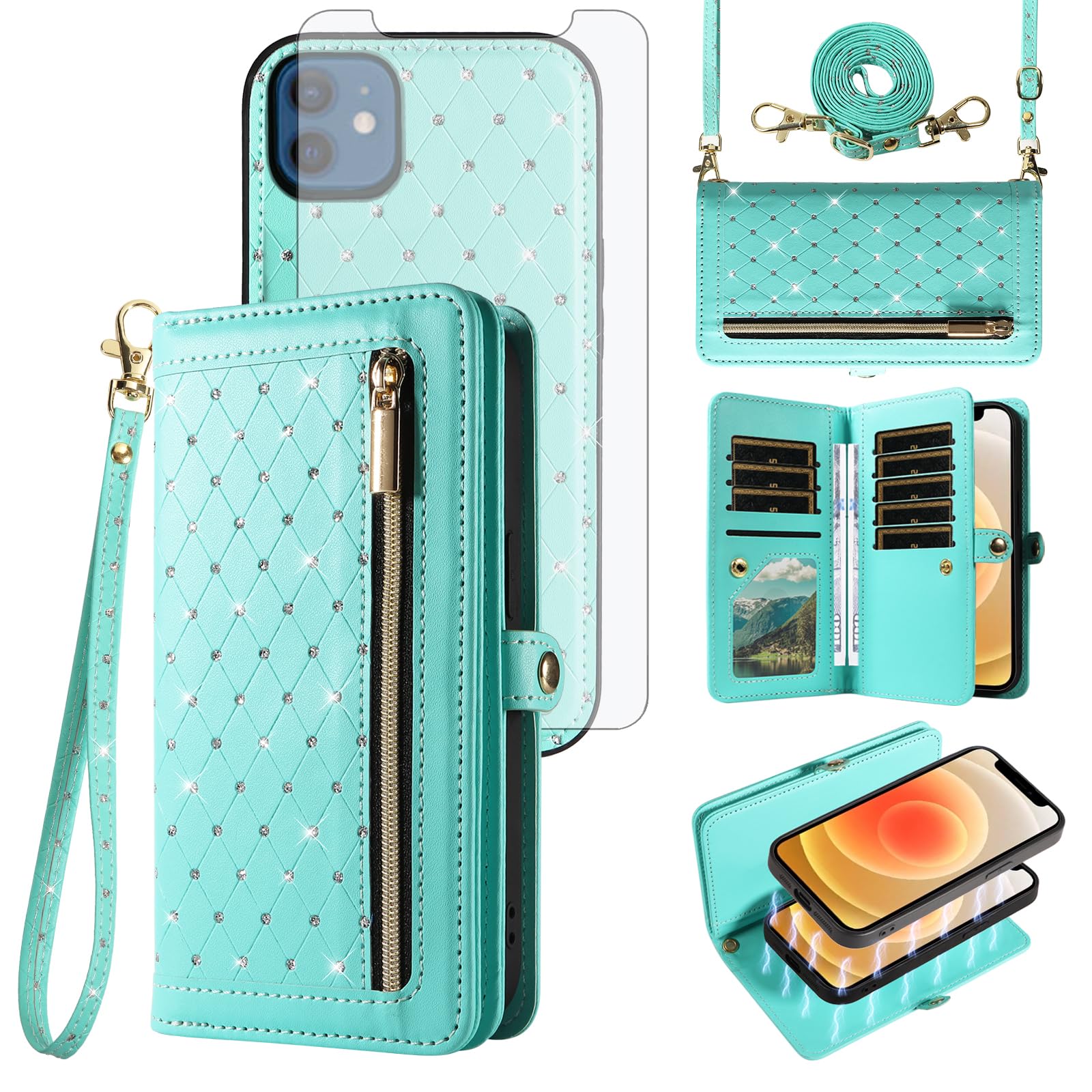 Phone Case for iPhone 12 Mini 5.4 Zipper Wallet Detachable Cell Cover and Screen Protector Crossbody Lanyard Strap Bling Glitter Card Holder Slots iPhone12mini 5G i 12s iPhone12 12mini Women Teal