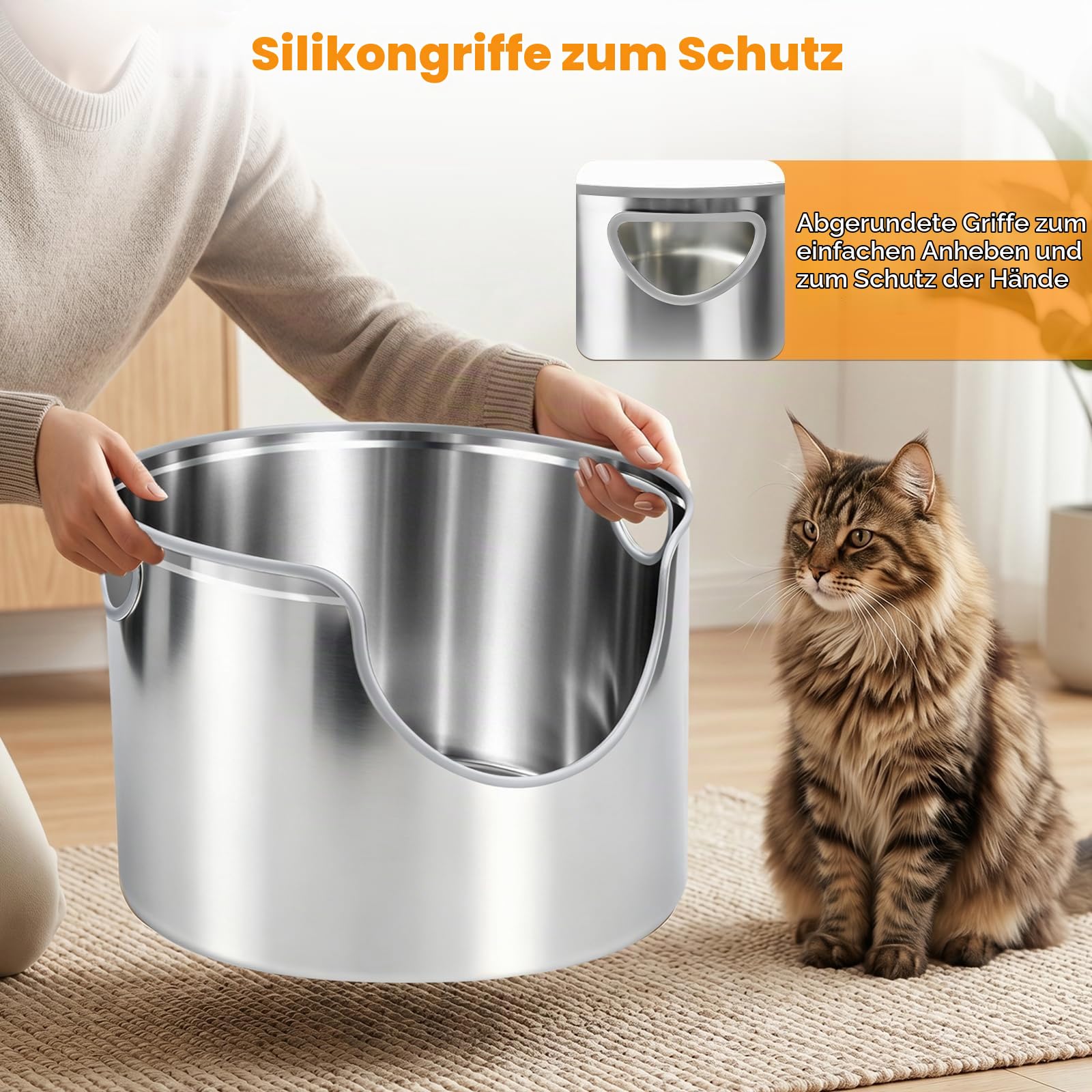 Homegroove Runde Edelstahl Katzentoilette, 45 cm Hohe Seiten Metall Katzenklo für Große Katzen, Auslaufsicher & Leicht zu Reinigen inkl. Metallschaufel (Edelstahl)