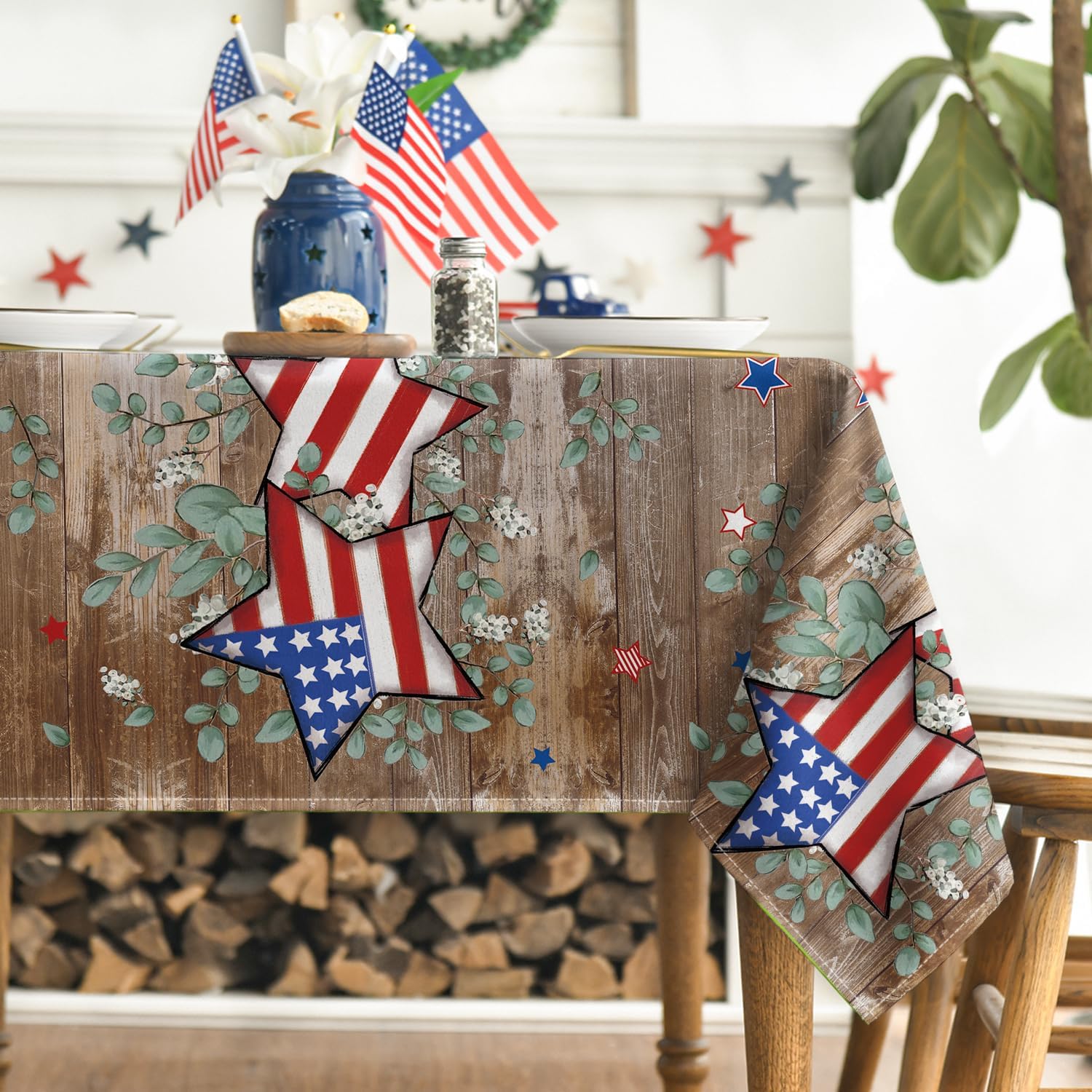 Horaldaily 4th of July Tablecloth 60×120 Inch Rectangular, Wood Color Patriotic Eucalyptus Star Independence Day Memorial Day Table Cover for Party Dinner Patio Garden Picnic