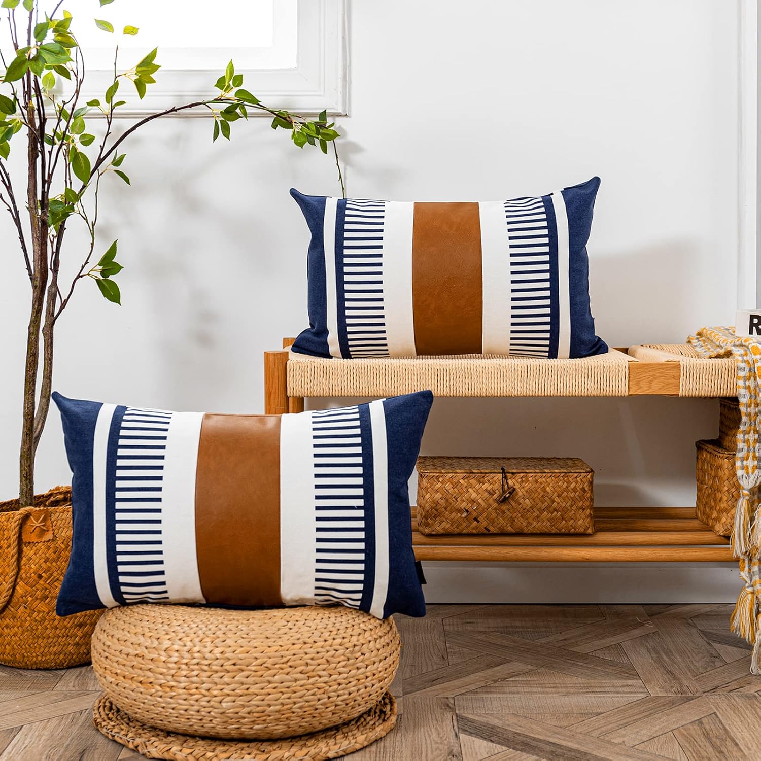 Set of 2 Navy Blue and White Stripe Throw Lumbar Pillow Covers 12x20 inch,Faux Leather Modern Accent Boho Cushion Cover for Couch Living Room Bedroom - Image 5