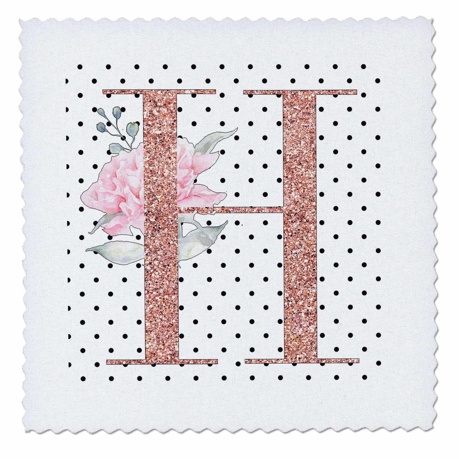 14x14 inch Quilt Square - Monogram Initial H Pink Rose Floral On Black and White Polka Dots Monograms