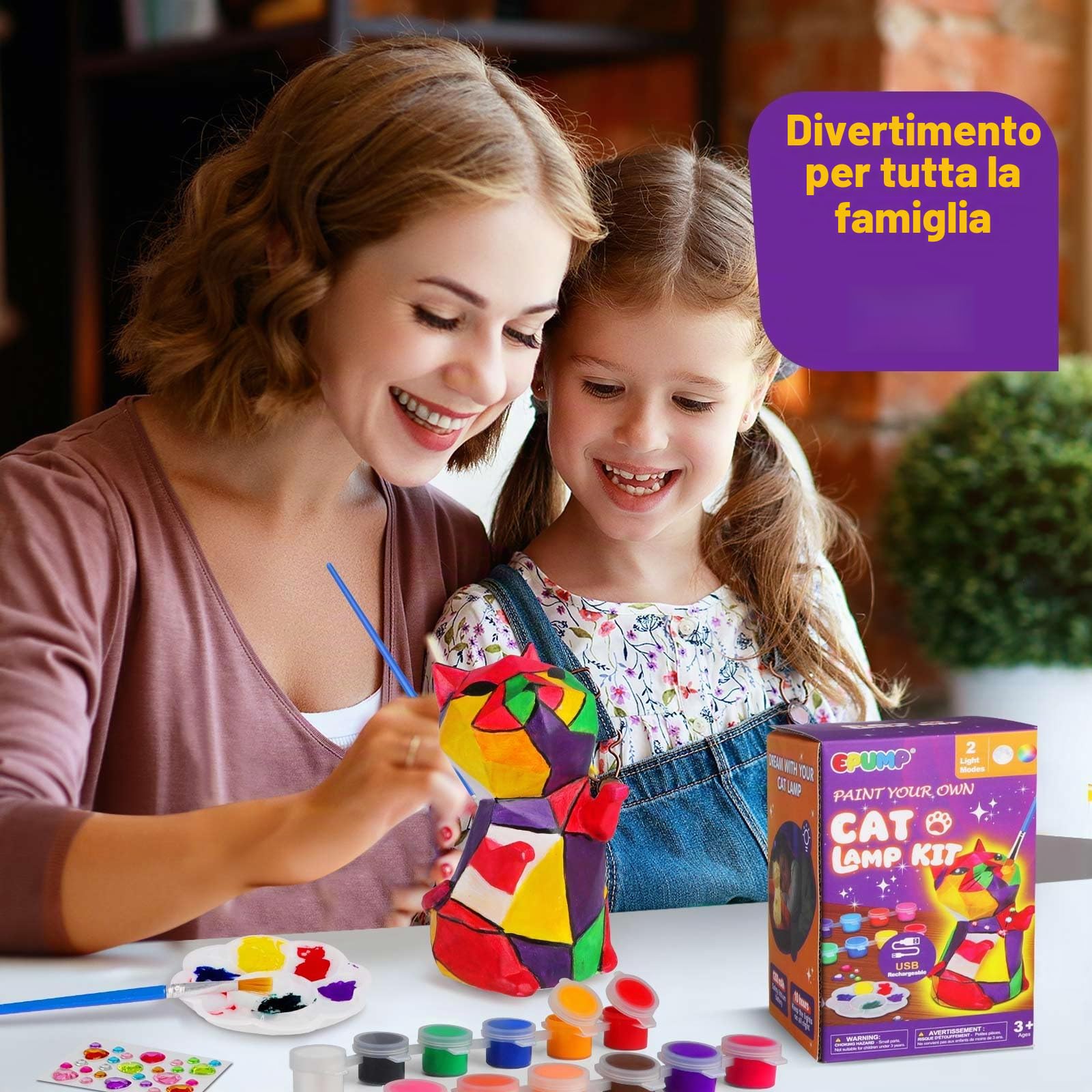 EPUMP Luce Notturna a Forma di Gatto Ricaricabile (1200 mAh) con 2 Modalità di Luce – Kit Creativo DIY da Dipingere, Gioco da Pittura e Regalo per Bambini da 5 a 12 Anni