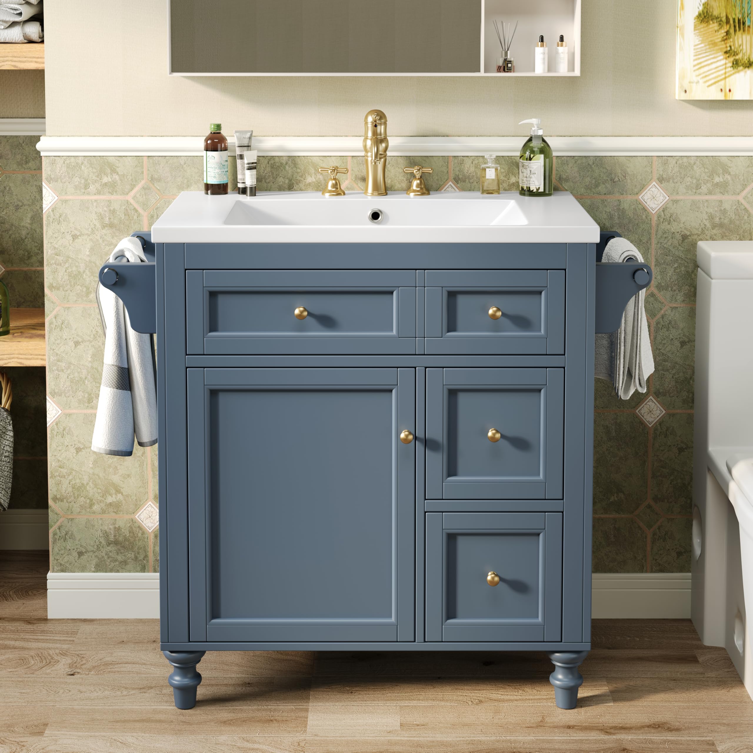 30" Bathroom Vanity with Sink, Modern Bathroom Storage Cabinet with 2 Drawers, Pull-Down Drawer, 2 Tower Rack & 1 Door, Freestanding Bathroom Vanities, Solid Wood Frame (Blue)