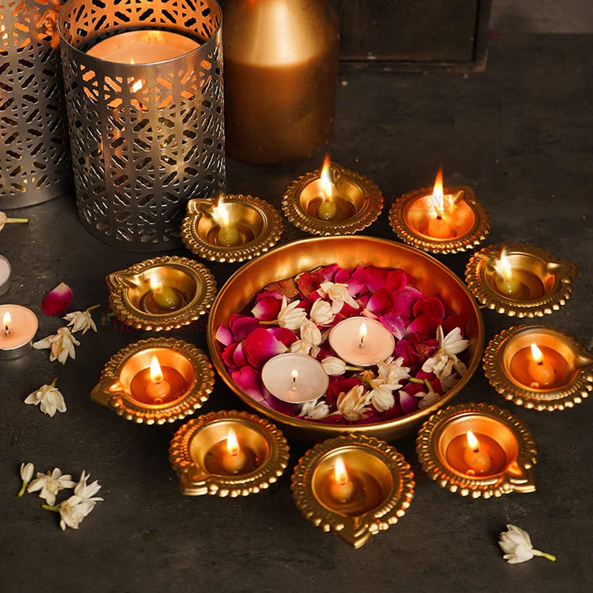 Tied Ribbons Urli Bowl with 10 Attached Oil Diyas for (Metal, 29 Cm X 5 Cm) - Decoration Items for Living Room Pooja Room Uruli Bowls Aesthetic Decorative Items for Home Décor - House Warming Gifts-picture-22