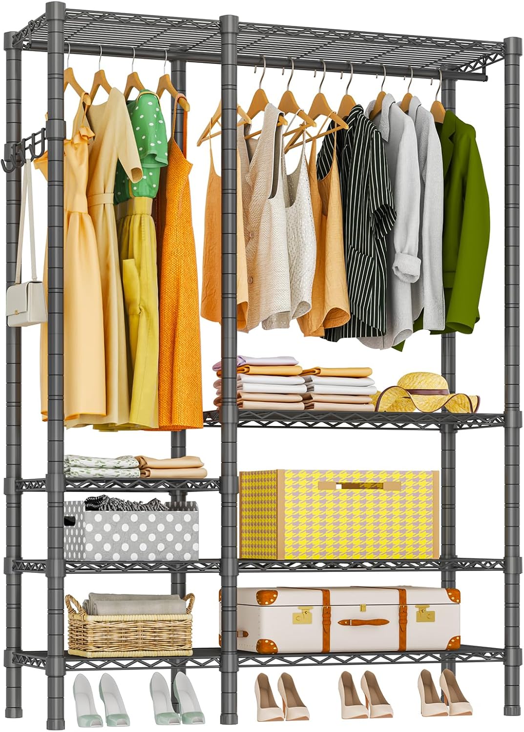 Heavy Duty Garment Rack, Metal Freestanding Closet Wardrobe Clothes Racks for Hanging Clothes, 4 Tiers Adjustable Wire Shelving, 44.9'' L x 16.5'' W x 76.8 '' H, Max Load 980LBS, Black Black A3: 5 Tiers with 1 Rods,44.9"L x 16.5"W x 76.8"H