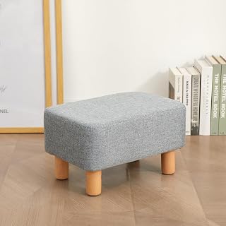 Small Rectangular Ottoman with Solid Beech Wood Legs, 16" Linen Fabric Footstool, Footrest with Non-Slip Feet and Soft Padding, Foot Stool for Living Room, Bedroom, Gray