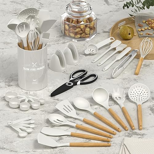 Miniatura 2 de AIKKIL - Juego de utensilios de cocina de silicona, juego de 28 utensilios de cocina blancos con asas de madera, pinzas, espátula, servidor de