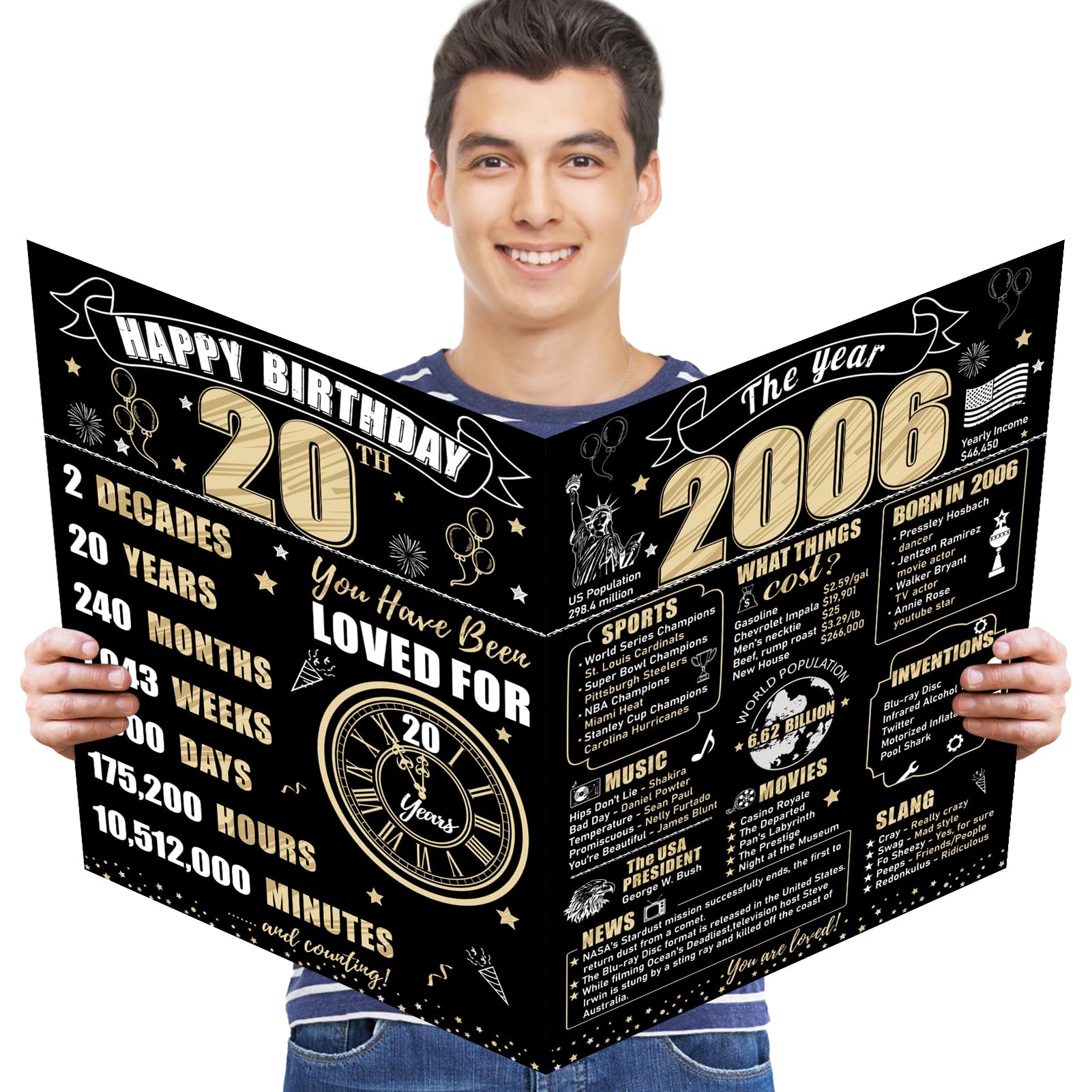Large 20th Birthday Card With Envelope for Him Her, 2006 Black Gold Happy 20th Birthday Giant Guest Signature Book Gifts, Big Vintage 2006 20th Greeting Card Decoration Party Supplies Black Gold 20th