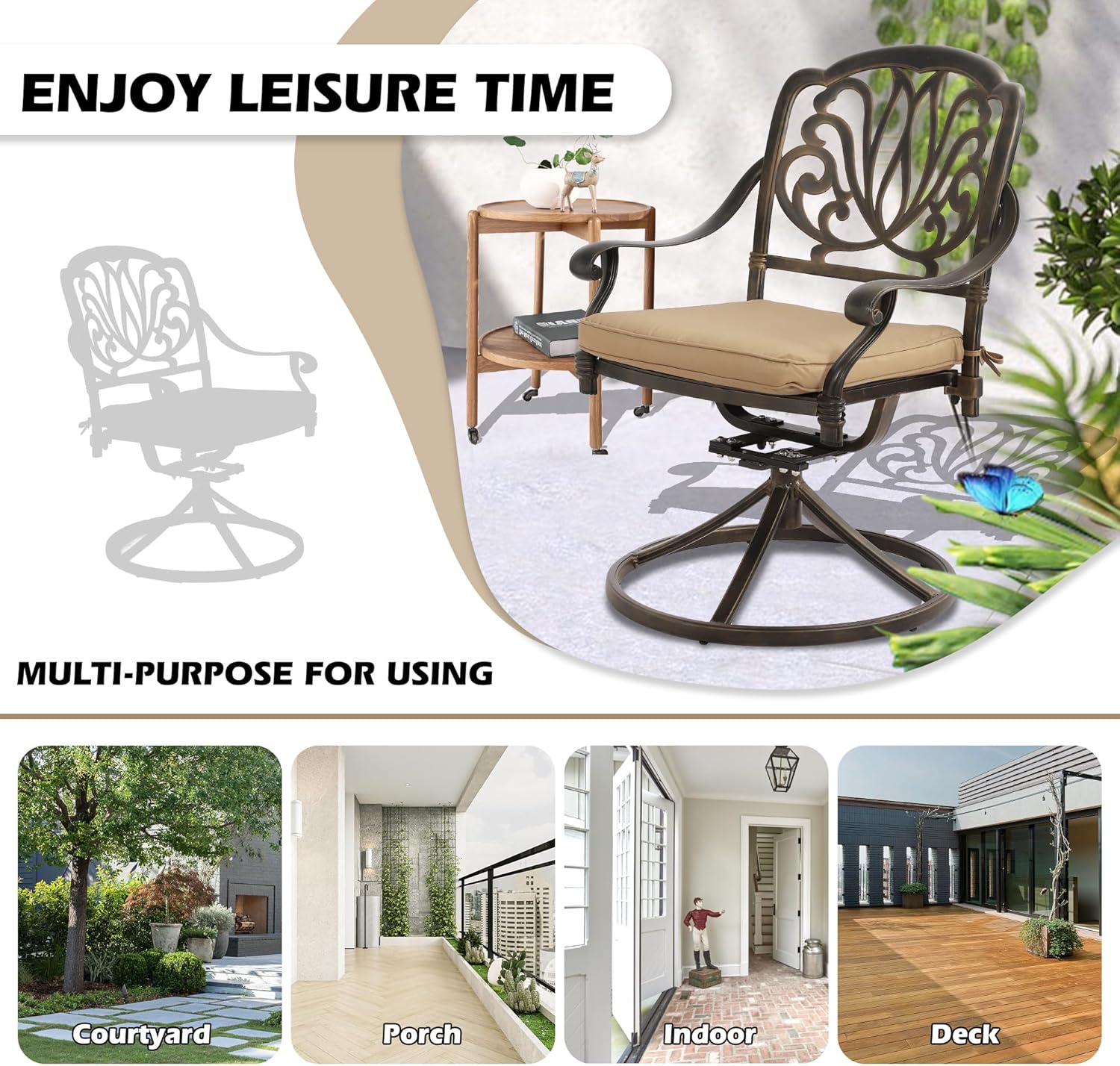 Patio Swivel Chairs Set of 2, Outdoor Swivel Rocker Dining Chairs with Thicken Cushions & Cast Aluminum Frame, for Backyard Deck Lawn Garden(Flower Swivel Chairs Khaki Cushions) (Khaki)