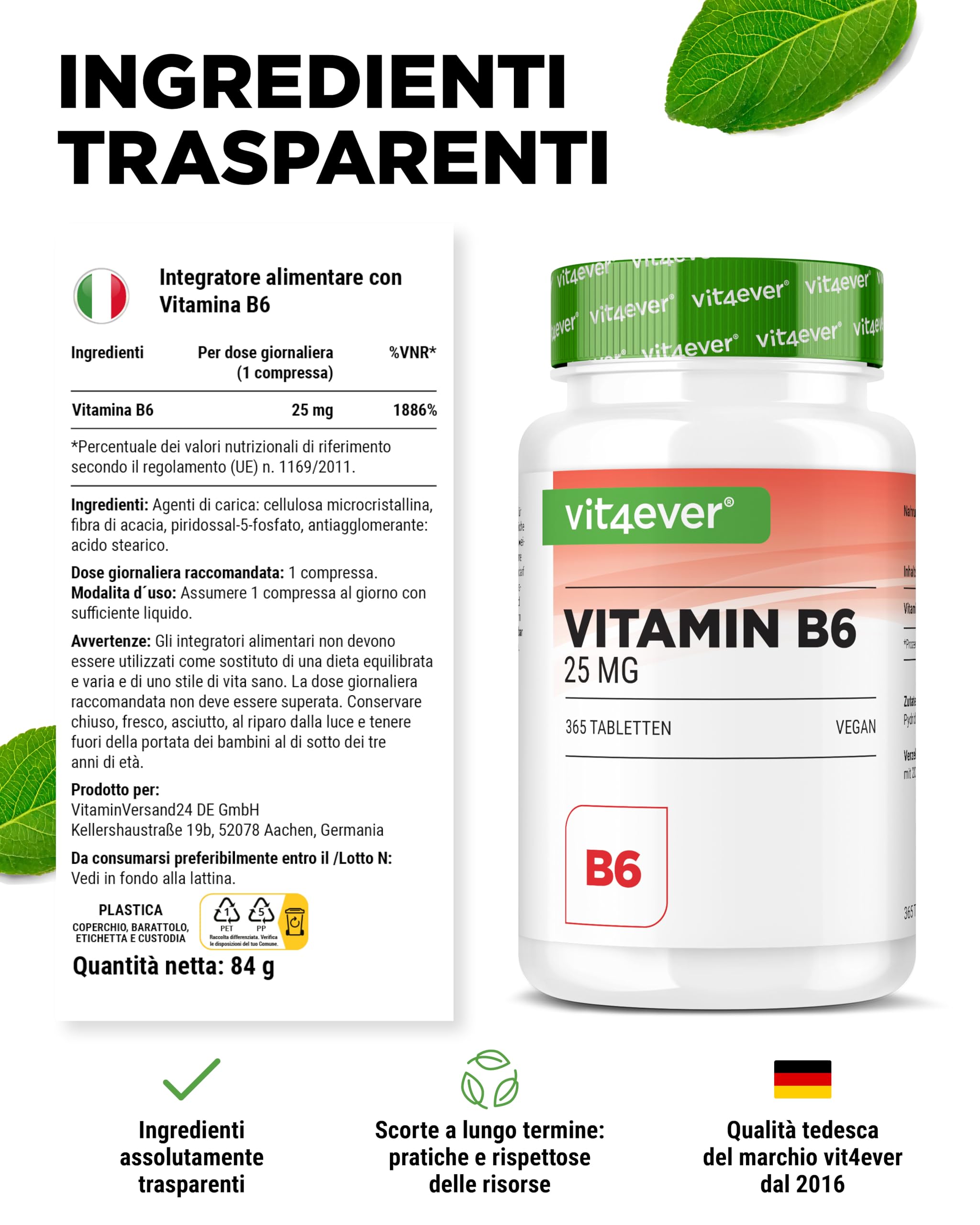 Vitamina B6 come P-5-P - 365 compresse - Dosaggio elevato con 25 mg (piridossal-5-fosfato) - Premium: vitamina B6 bioattiva - Senza additivi indesiderati - Vegan