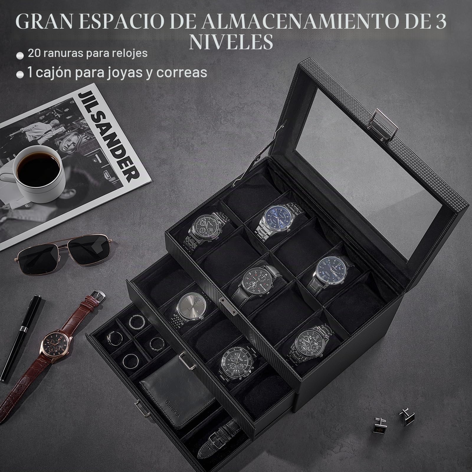 ProCase Organizadora para Relojes para Hombre, 20 Ranuras Caja Organizadora de Joyería de 3 Capas con Cajón Estuche de Almacenaje con Tapa de Cristal Vitrina Expositor -Negro Puro