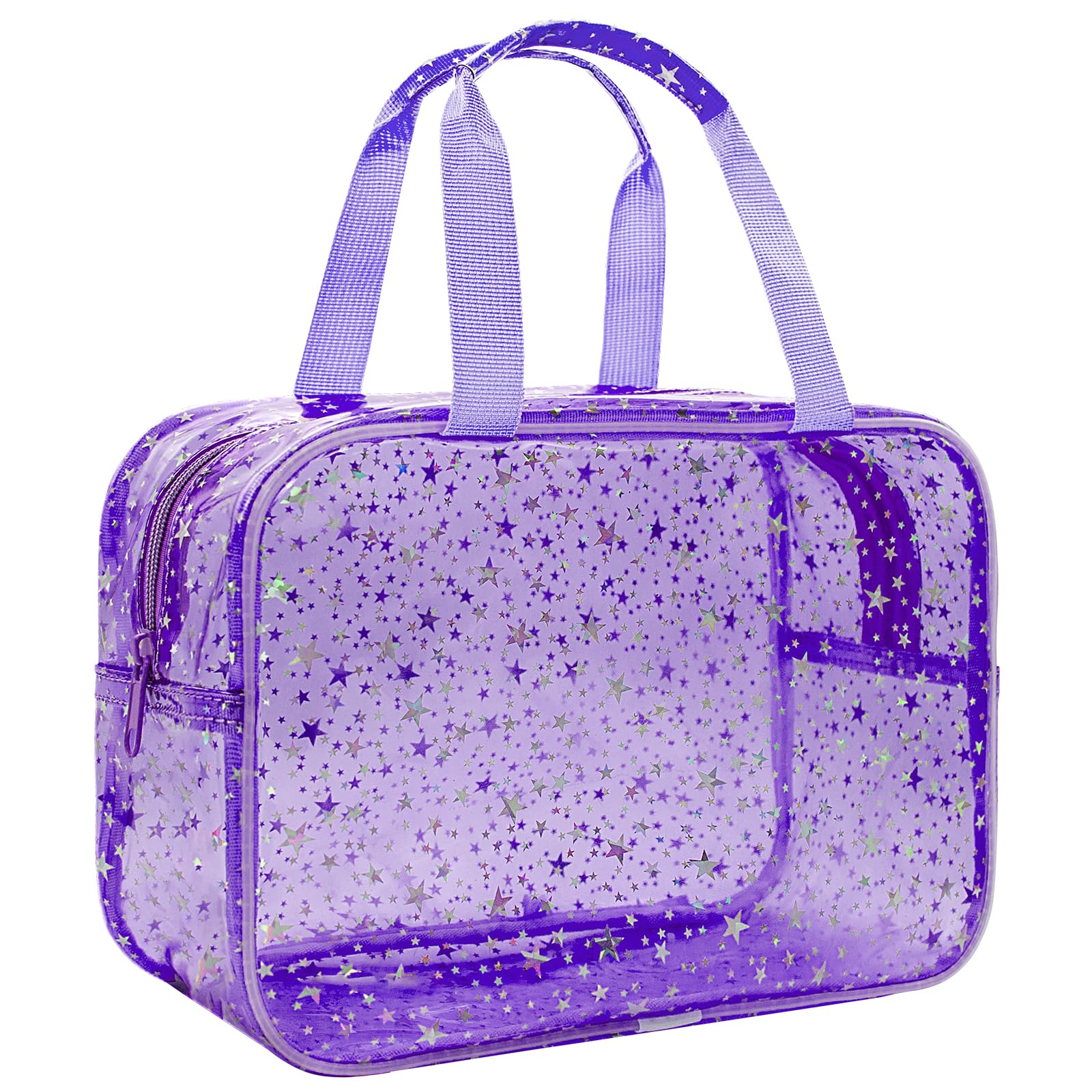 Junesters Clear Purple Star Large Makeup Bag with Star Pattern 12x5x8 inch, Travel Cosmetic Bag with Handle, Durable PVC Material Washbag Zipper
