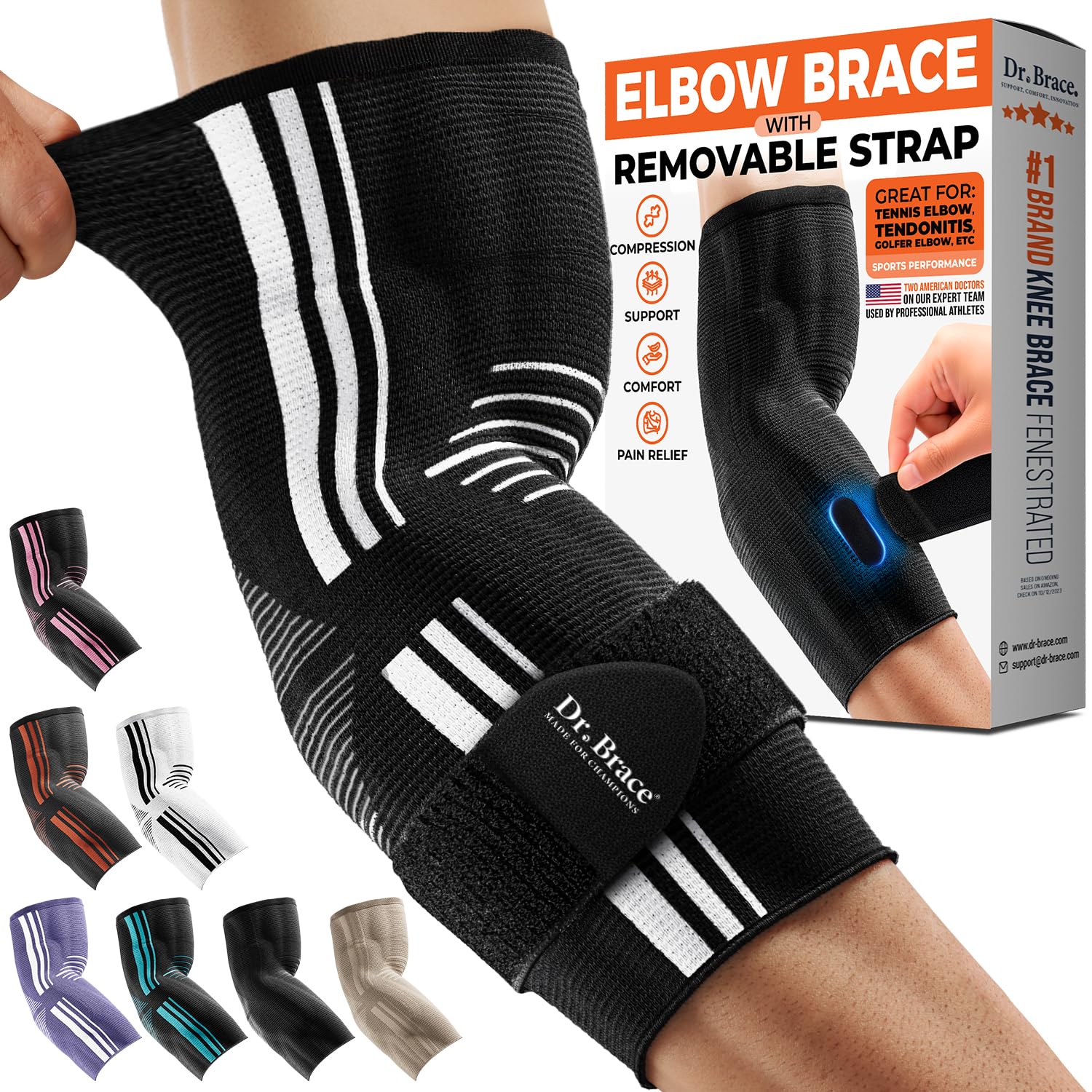 DR. BRACE® Elite Elbow Brace Support with Removable Strap for Women & Men, Pain Relief for Tendonitis, Arthritis, Golfer's & Tennis Elbow Treatment, Elbow Sleeve for Workouts Weightlifting (Black, Large)
