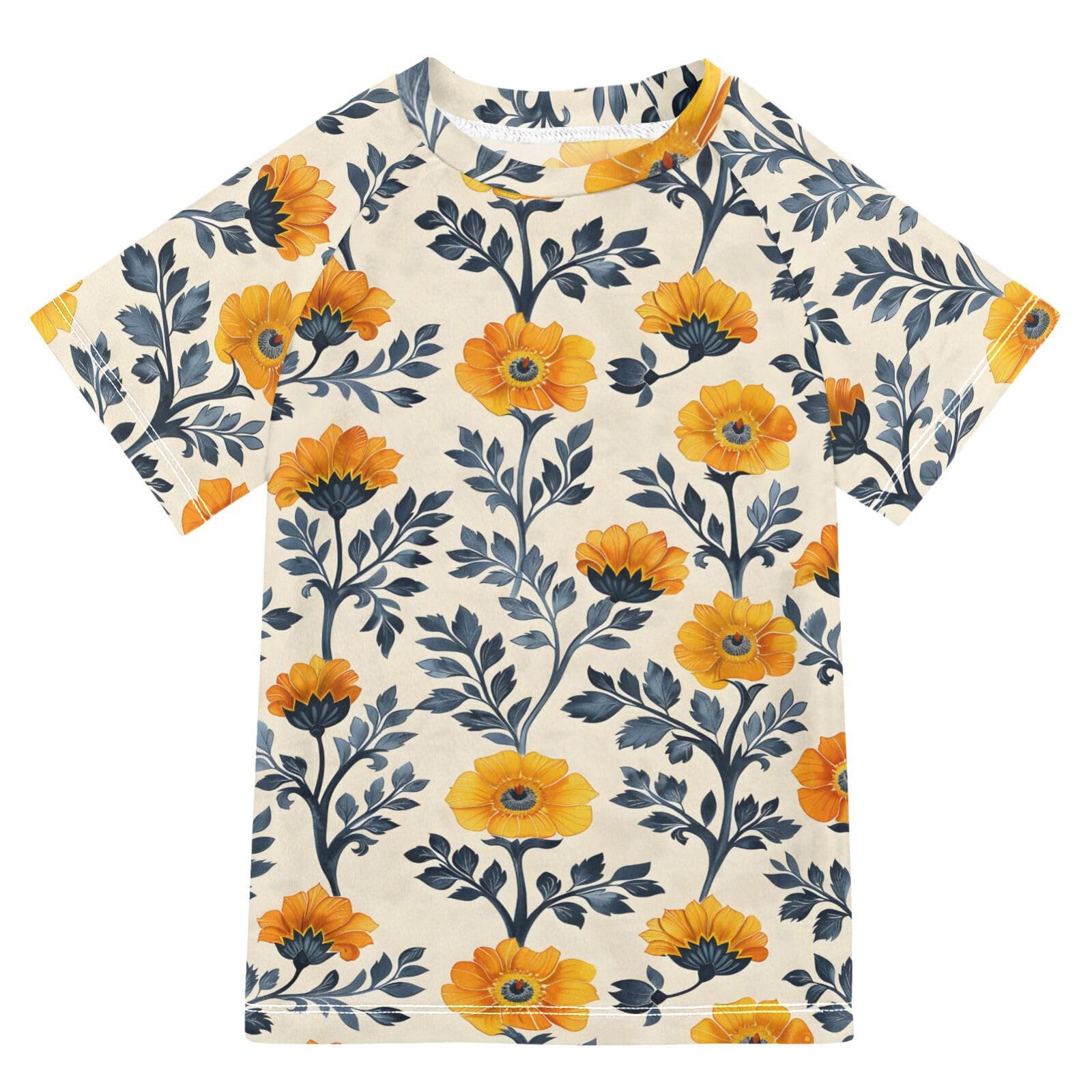 ALAZA Kids Rash Guard Boys Toddler Swim Shirts Short Sleeve Marigold Flowers UPF 50+ 3T