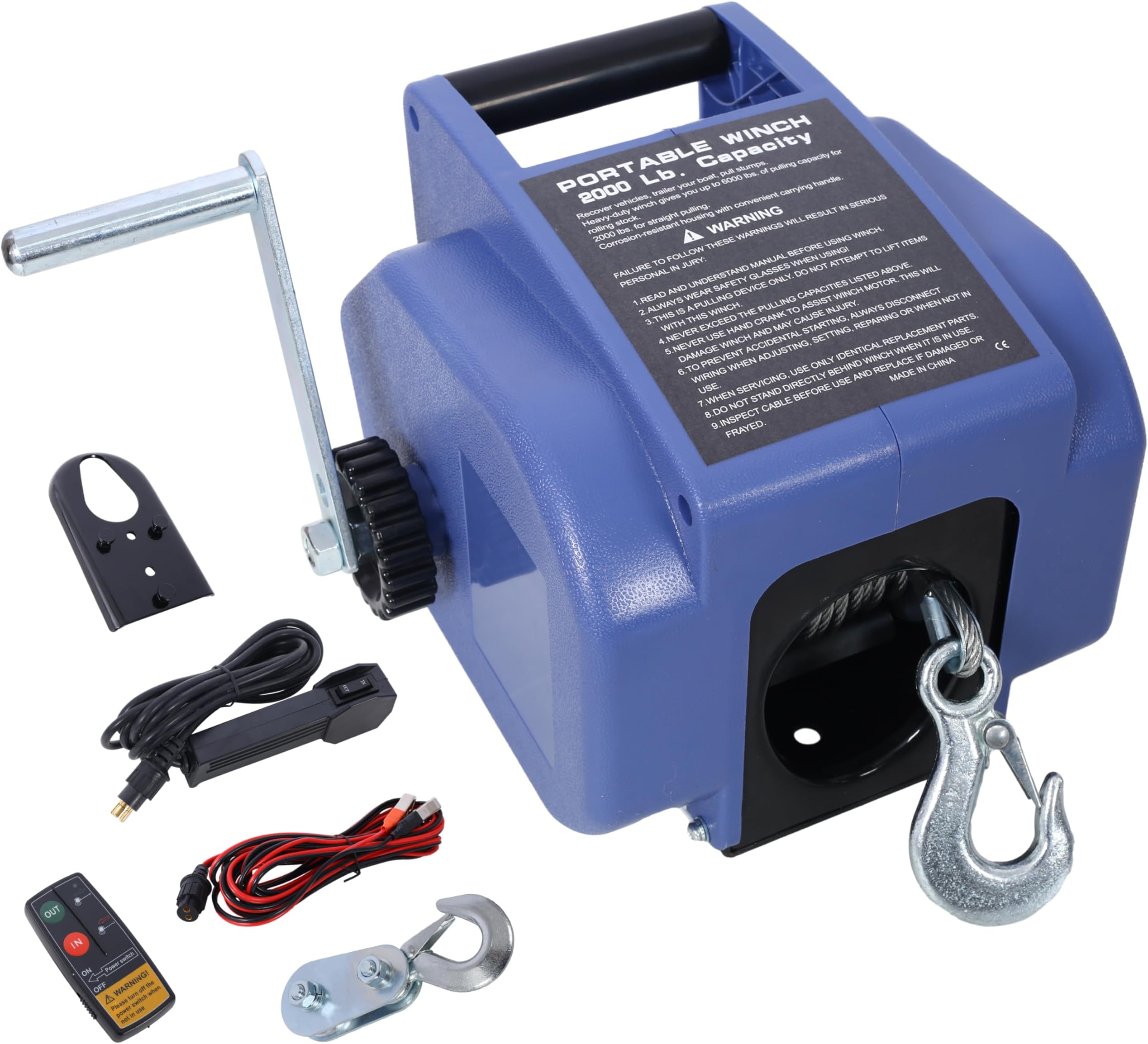 12v Trailer Winch,Reversible Electric Winch, for Boats Up to 5000 Lbs,with Galvanized Wire Rope,with Extra Pulley Hook,Power in and Power Out,with Manual Function (Blue-5000 lbs)