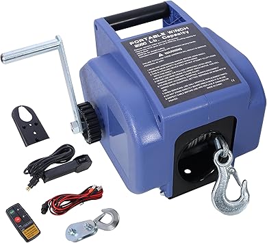 12v Trailer Winch,Reversible Electric Winch, for Boats up to 5000 lbs, Galvanized Wire Rope, with extra pulley hook, Rapid Mount, wirelss remote control,power in and power out.blue plastic casing
