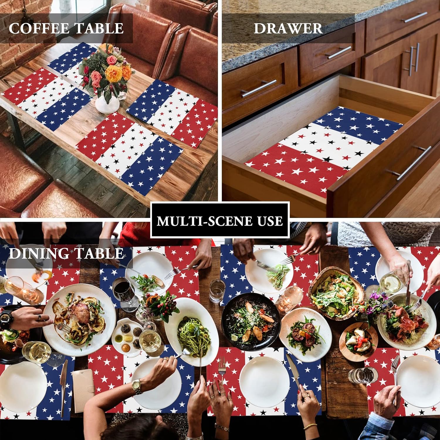 4th of July Placemats Set of 6, Independence Day Non-Skid Place mats, Red White Blue Stain-Resistant Table Mats, Washable Tablemats for Party/Dining Room/Kitchen Decorations