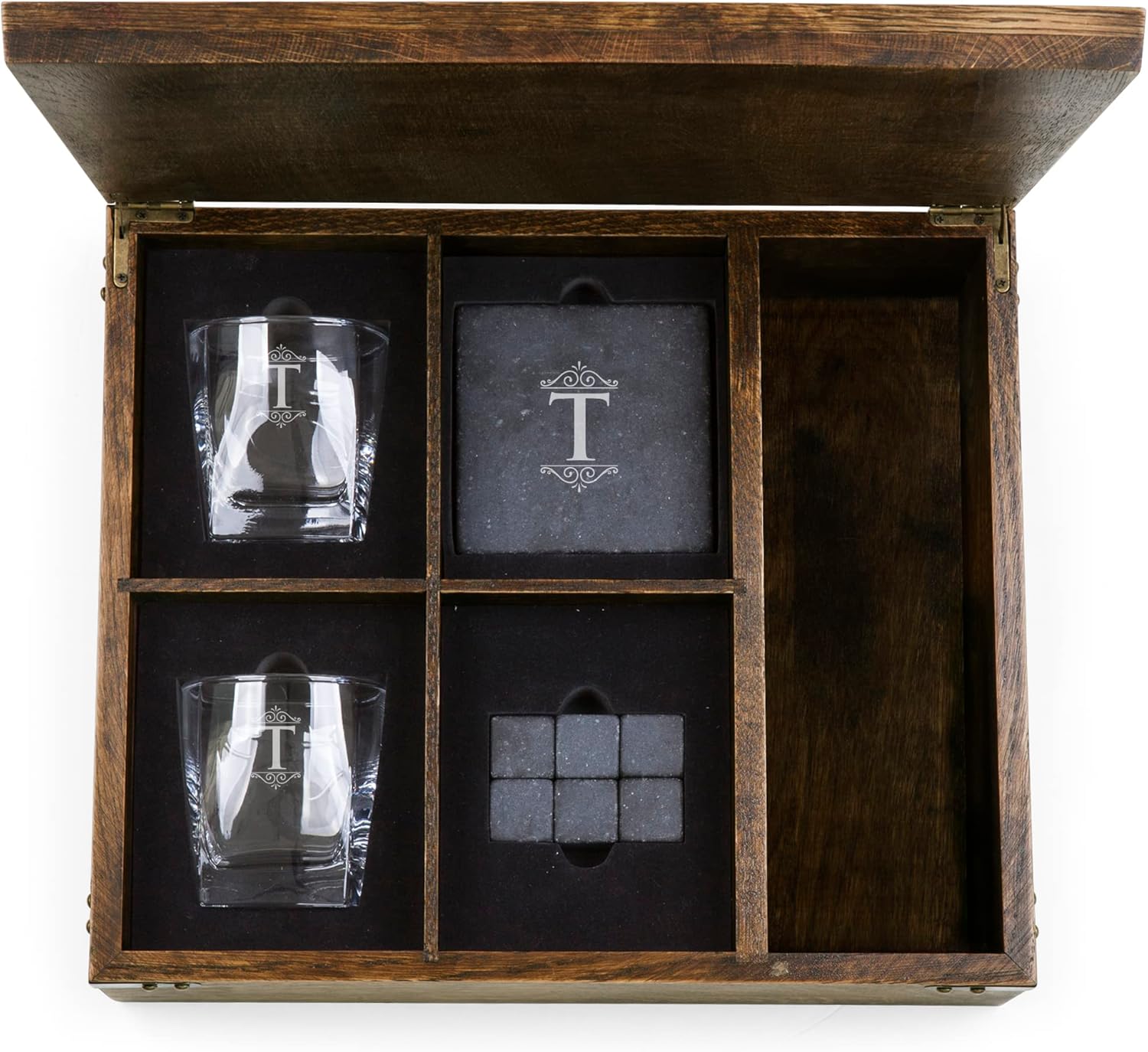 LEGACY - a Picnic Time brand Monogram Initials Whiskey Box Gift Set, Includes Whiskey Glasses, Chillding Stones, and Stone Coasters, (Oak Wood)