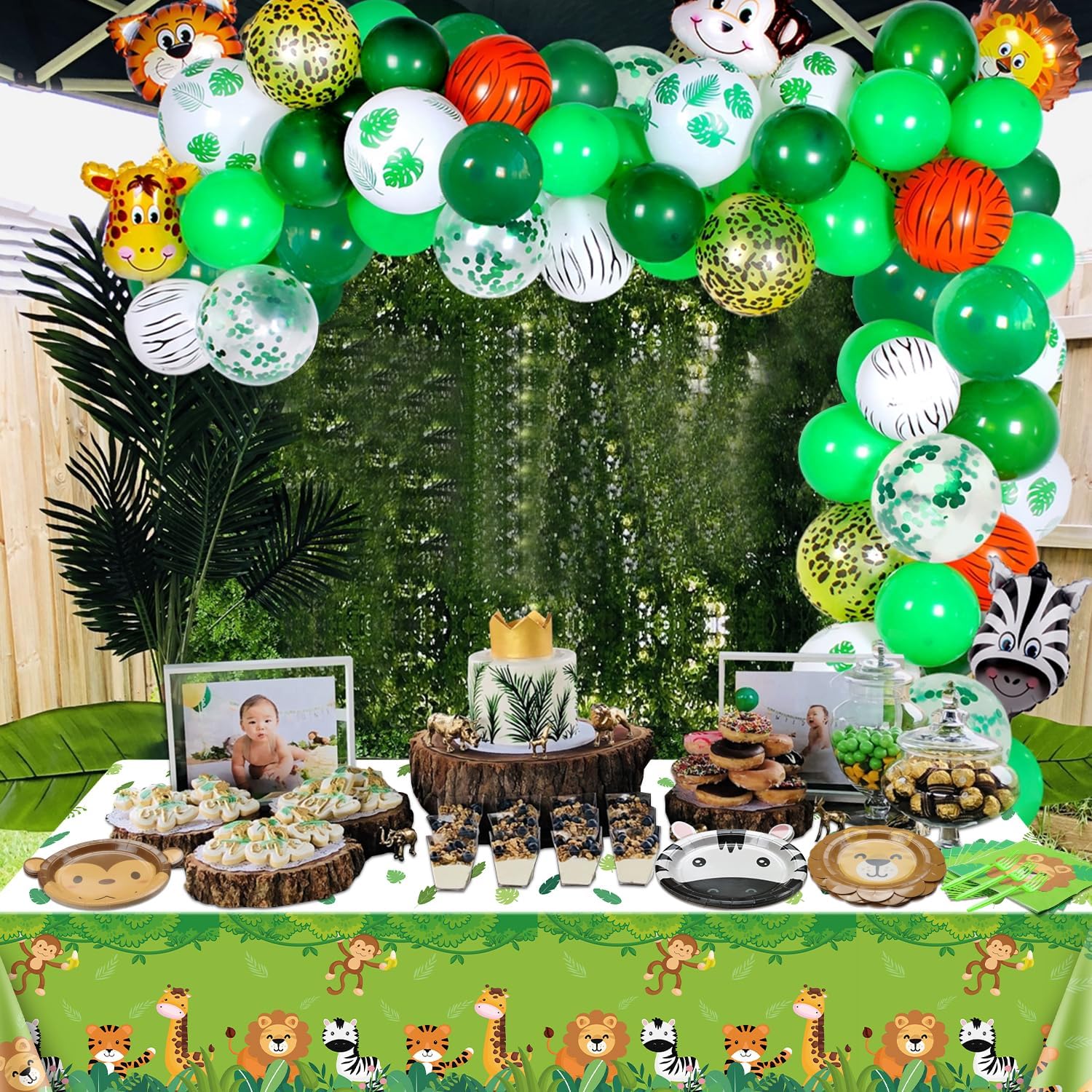 Jungle Safari Party Decorations - Include Animal Shaped Plates, Tablecloth, Napkins, Forks, Safari Theme Supplies for Kid's Birthday, Baby Shower, Jungle Animal Theme Party, Serves 20