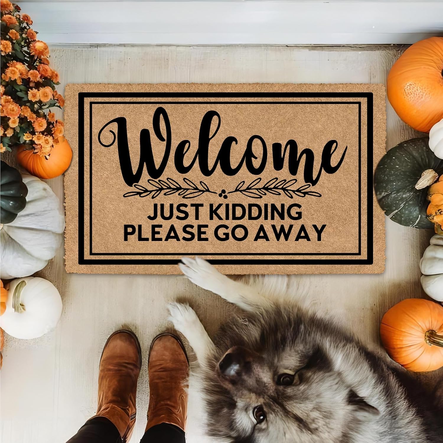 30"x18" Outdoor Door Mat, Funny Welcome Mat for Front Door Indoor Entrance, No Shedding Faux Coir Doormat with Non-Slip Silicone Backing, Welcome Just Kidding Please Go Away Decor