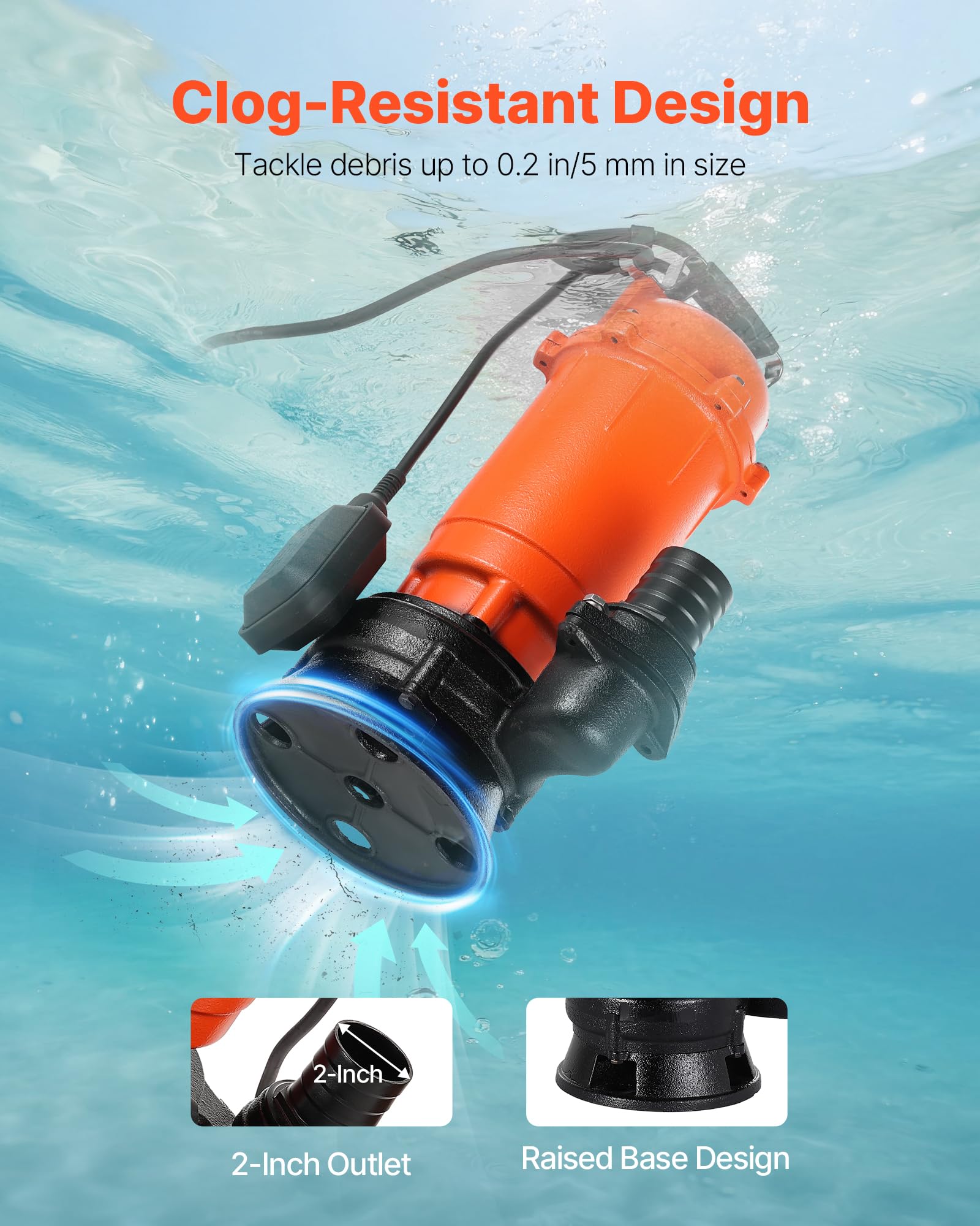 VEVOR Pompa Sommergibile per Acqua Sporca da 1500 W, 22800 L/H, in Ghisa con Interruttore a Galleggiante Automatico, Sollevamento Massimo 18 m, Scarico di Acqua Pulita, per Piscine, Giardino