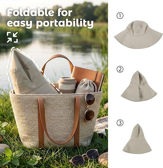 Womens Wide Brim Sun Hat UPF 50+ Foldable Bucket for Beach Travel