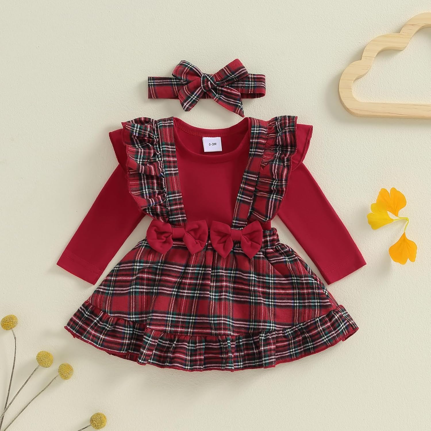 Baby Girls Plaid Overall Skirt Set Long Sleeve Romper Plaid Suspender Skirt Headband Christmas Outfit Sets