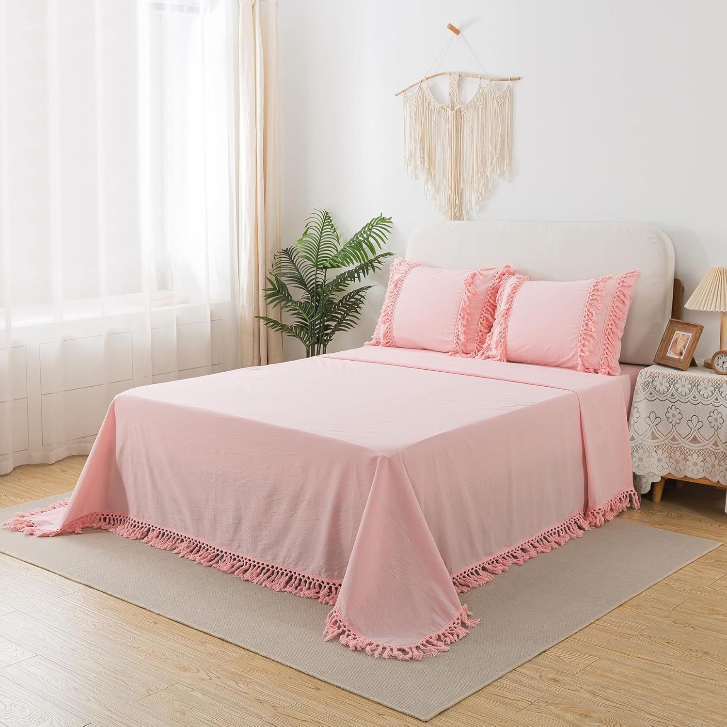 Lemfux 100 Washed Cotton Pink Boho Tassel Bed Sheet Sets