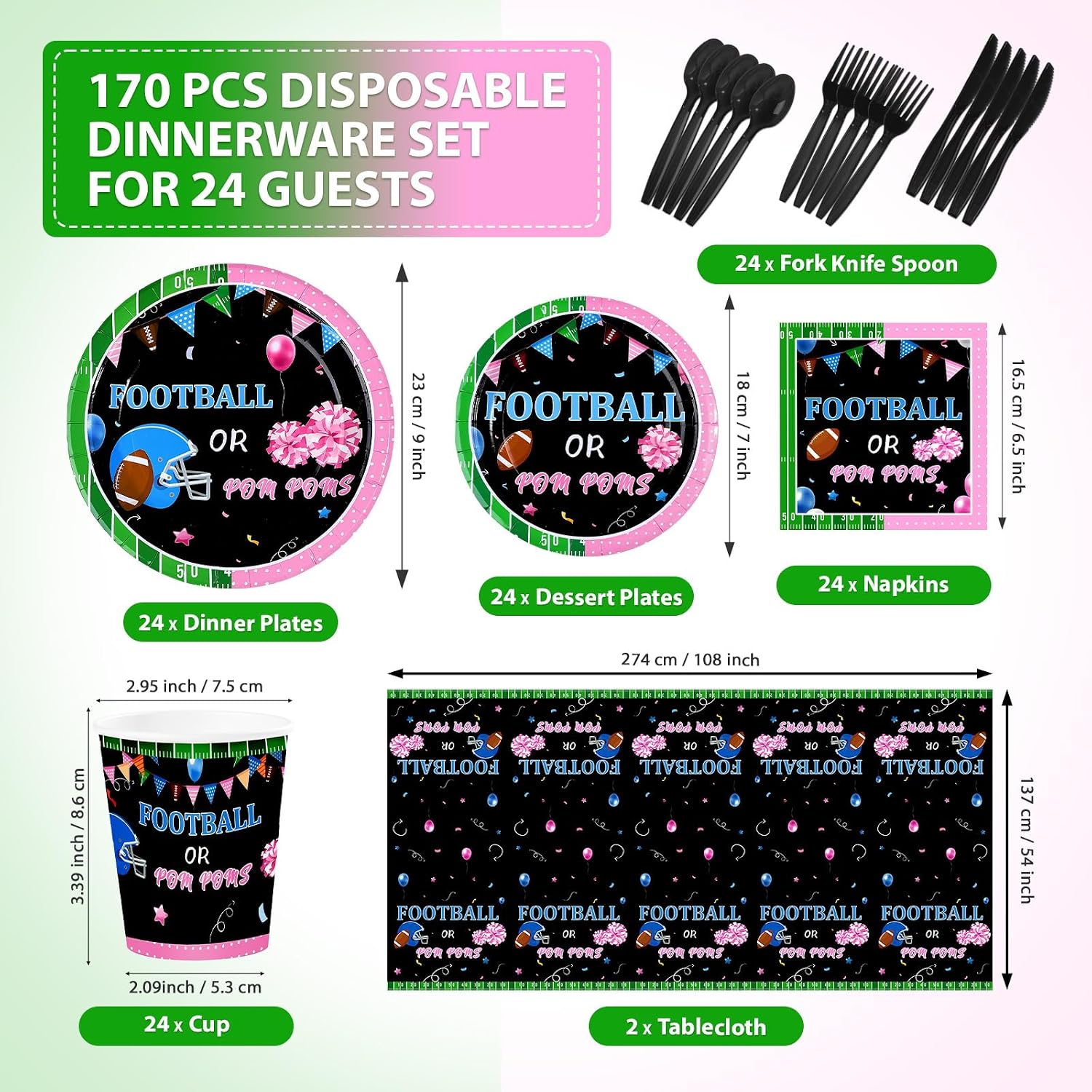 170Pcs Football Gender Reveal Decorations Football or Pom Poms Gender Reveal Plates Napkins Cups Forks Knives Spoons Tablecloths for Boy or Girl Touchdown Pom Poms Baby Shower Party Supplies Serves 24