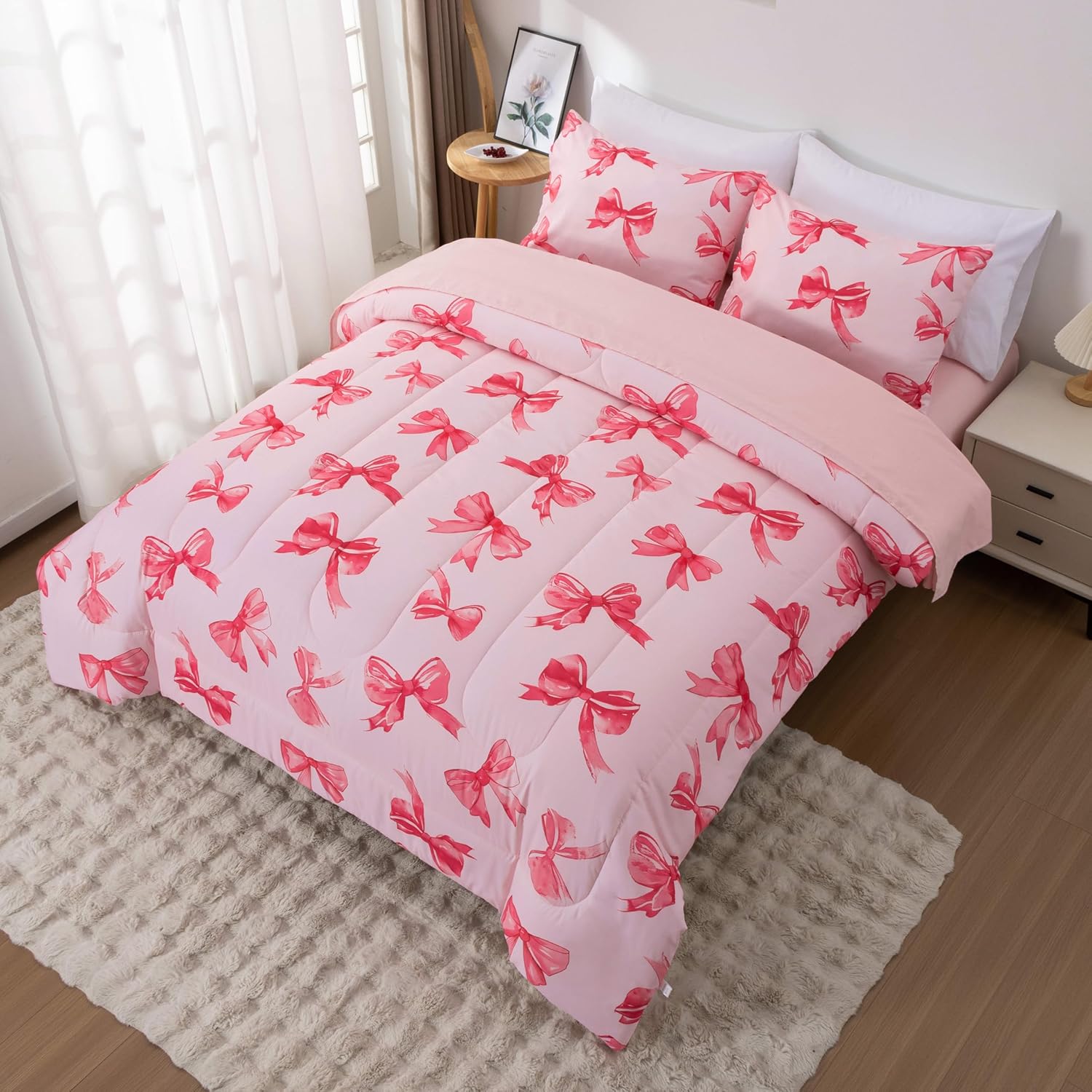 Btargot 5 Piece Pink Bow Tie Comforter Set for Girls Boys Kids, Twin Size Cartoon Bowknot Bedding Set, Bed in a Bag with Comforter, Sheets and Pillowcases - Image 2