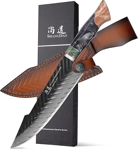 SHANGDAO Cuchillo de chef de Damasco con funda de cuero, 8 pulgadas, 67 capas, acero aleado, núcleo de corte 10Cr15CoMoV con resina forjada a mano