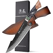 SHANGDAO Damaskus Kochmesser K chenmesser mit Lederscheide 20 cm 67 Schichten Legierter Stahl 10Cr15CoMoV Schneidekern professionell von Hand geschmiedeter Griff aus Harz & Holz.