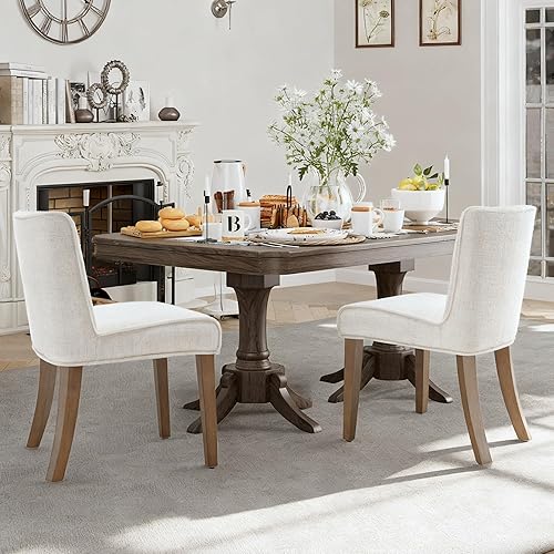 Miniatura 3 de Juego de 2 sillas de comedor blancas con patas de madera, sillas de lino tapizadas para cocina, comedor, restaurante