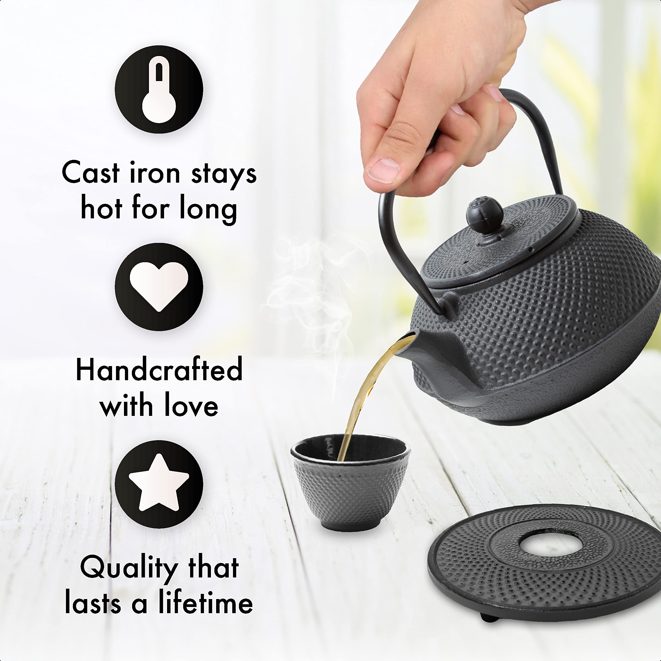 TEIERA GHISA SET – Set Completo Teiera in Ghisa con Infusore, 2 Tazze e Sottoteiera – Interno Completamente Smaltato - Design Elegante in Stile Giapponese (800 ml, Nero)
