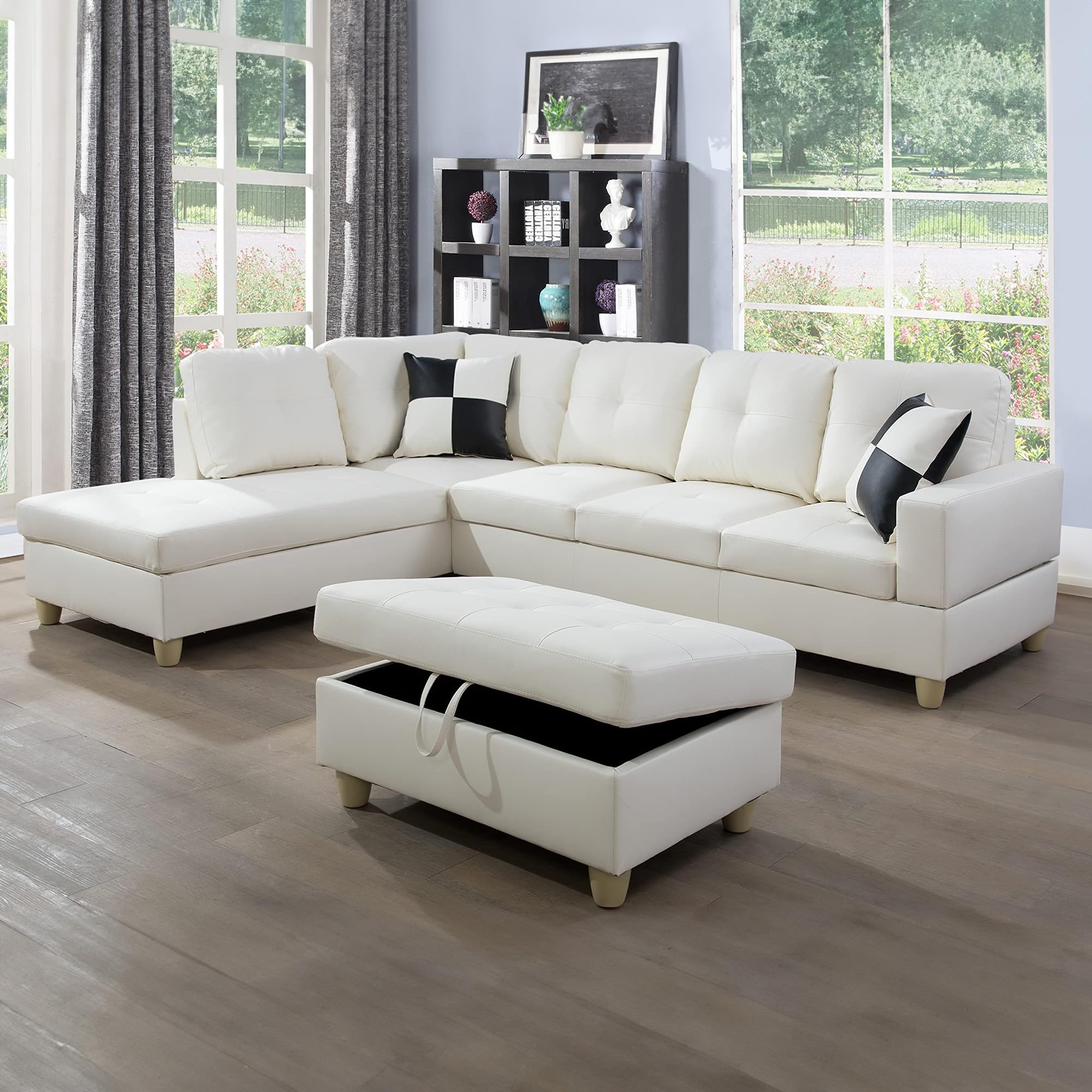 Sectional Set L Shape Couch, Faux Leather 5-seat Sofa with Storage Ottoman & Pillows, Left Hand Facing, White- OTTOMAN ONLY 