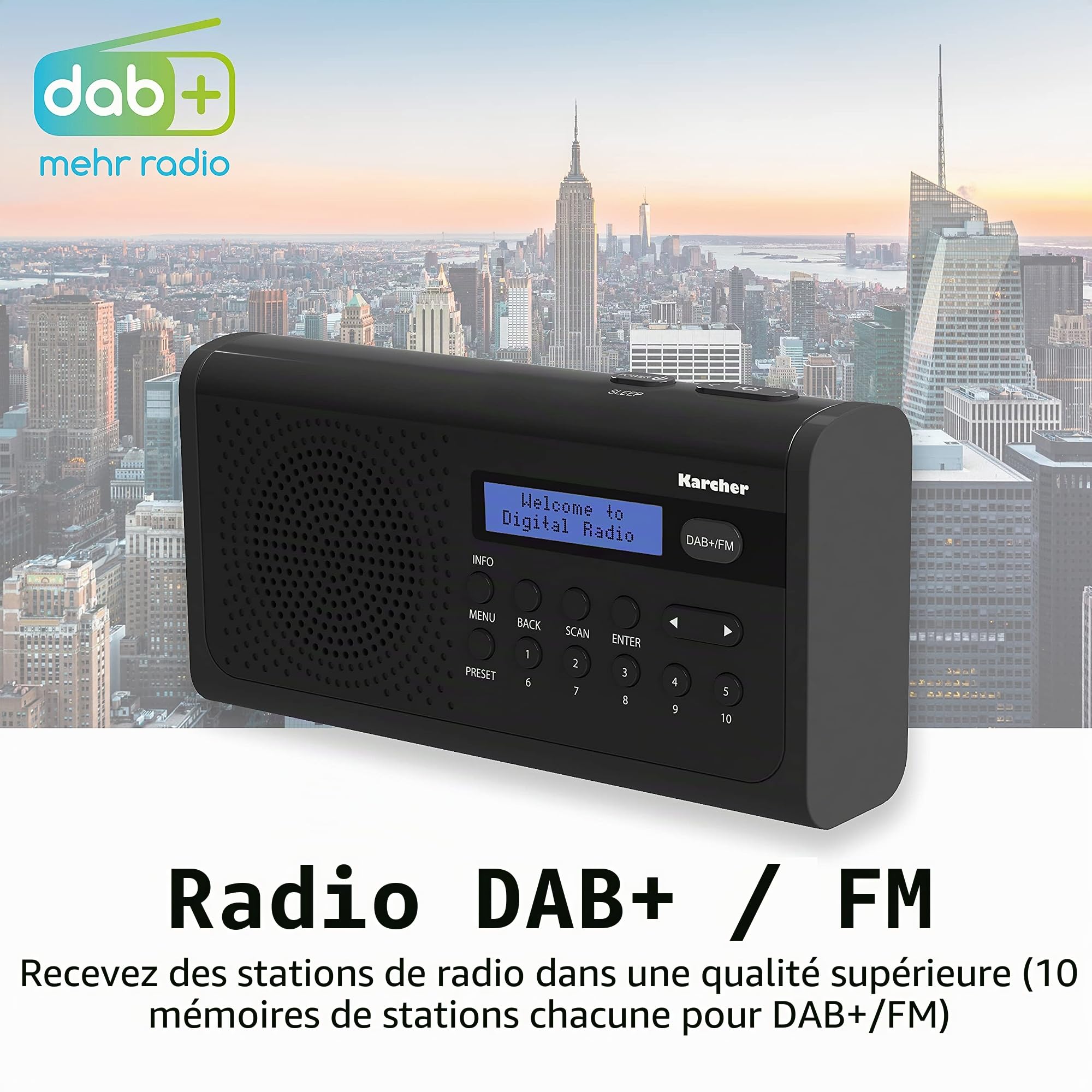 Karcher Dab 2405 Radio numérique Portable (Dab+ / Radio FM, réveil, écran LCD, Fonctionnement sur réseau/Batterie), Noir