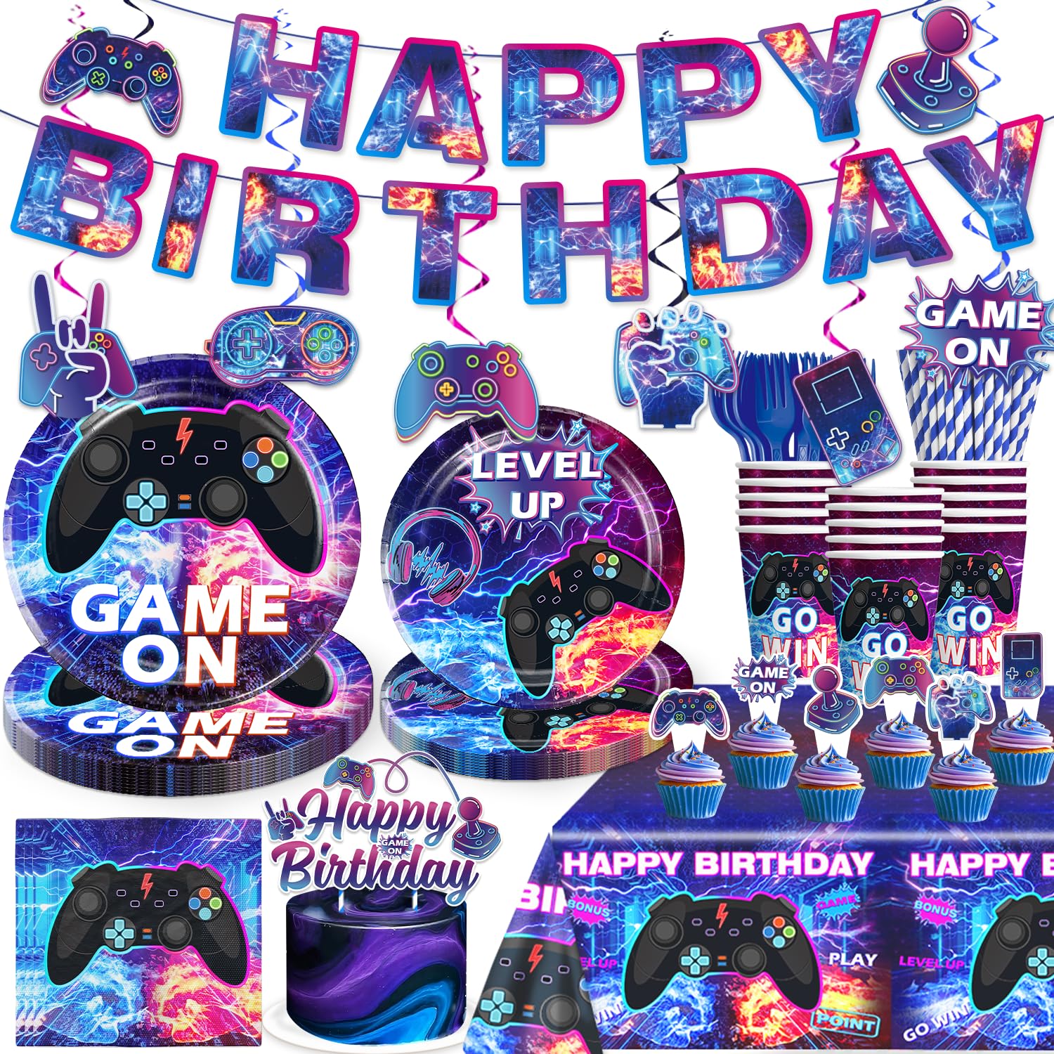186Pcs Video Game Birthday Decorations Tableware Set Serves 25 Guests, Gamer Birthday Party Decorations Include Banner, Plates and Tablecloth, Cake